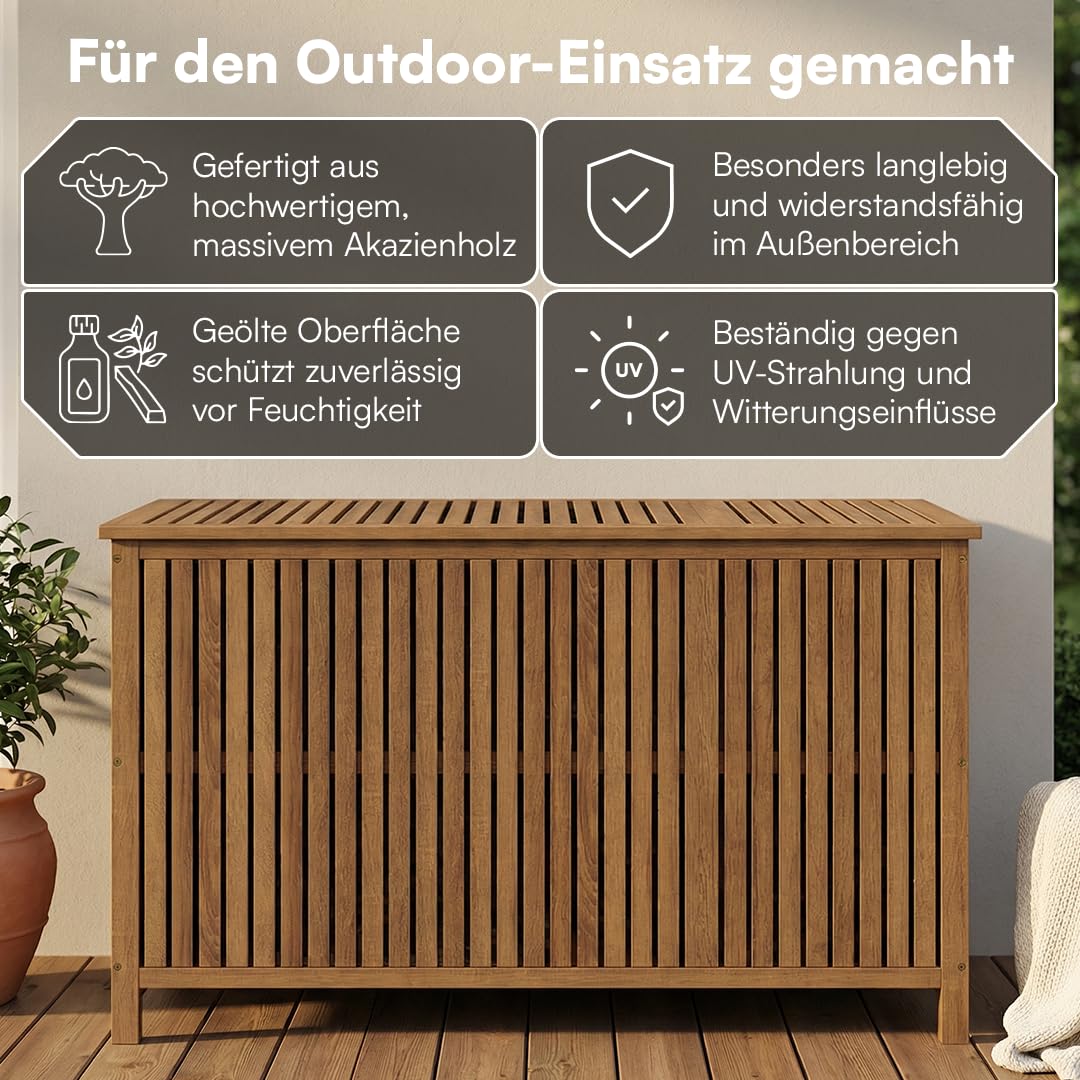 STEELSØN Alkes Aufbewahrungsbox aus geöltem Akazienholz – Auflagenbox mit hochwertiger Innenplane – Outdoor Kissenbox mit klappbarem Deckel – Sitztruhe sicherer Halt – Gartenbox wetterfest 114x52x59cm