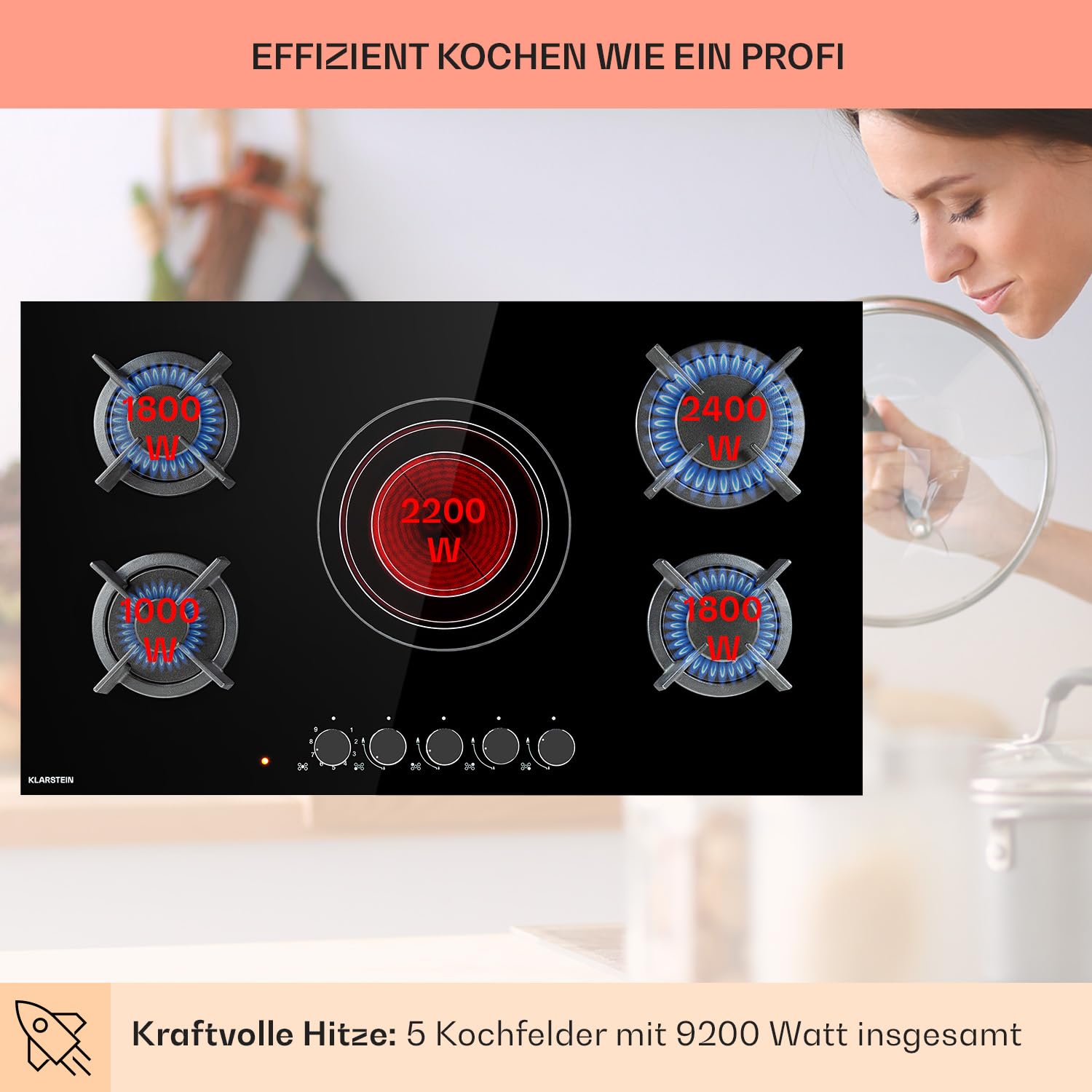 Klarstein Gaskocher 4-Flammig und 1 Glaskeramik Kochfeld, 9,2 kW Einbau-Gaskocher für Innenbereich, Edelstahl-Gaskocher für Wohnmobil, 4-Flammiger Gaskocher, Moderner Einbau Gasherd, Gas Herd