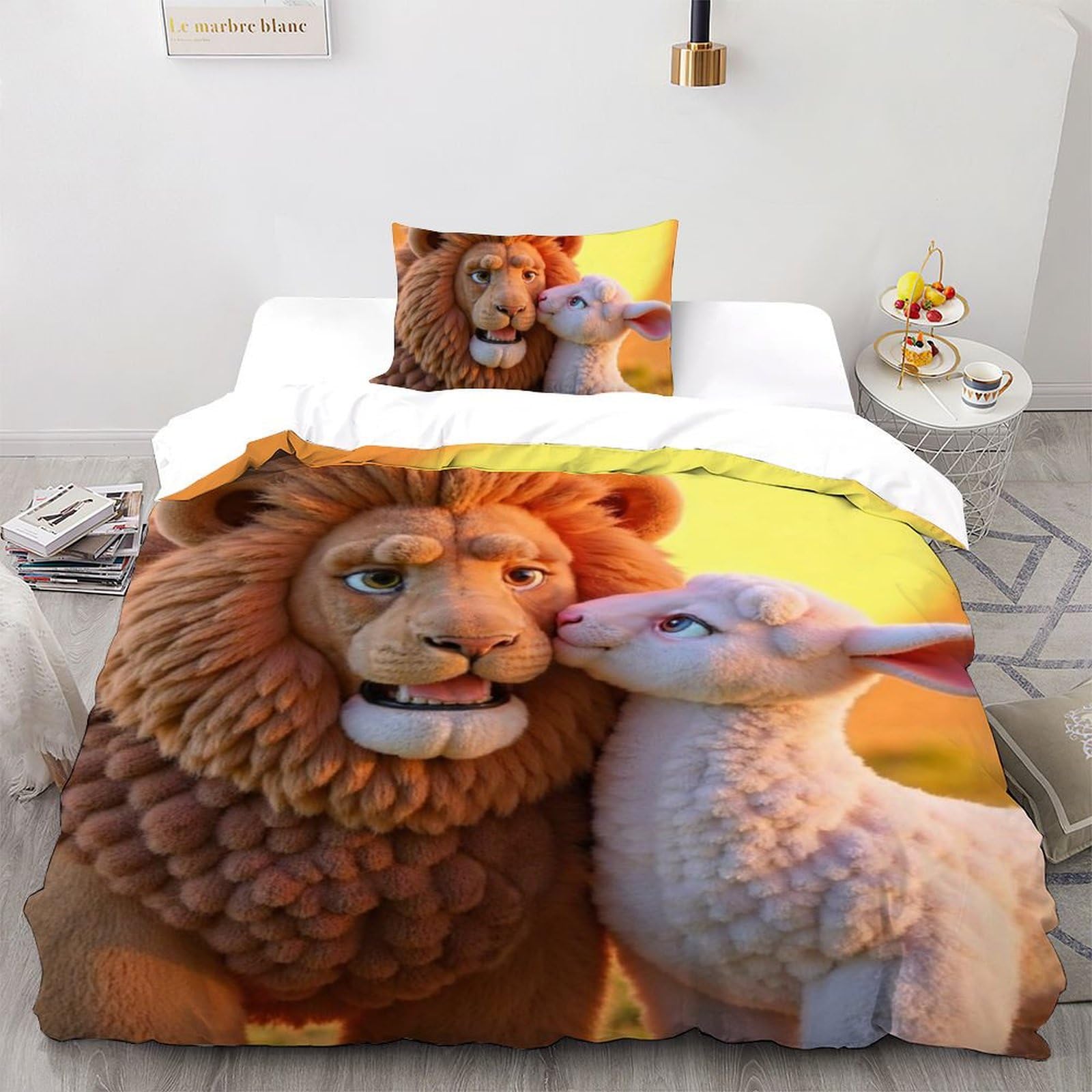 Housse de couette single Lion et Mouton 135x200cm imprimé 3D avec sa taie d'oreiller