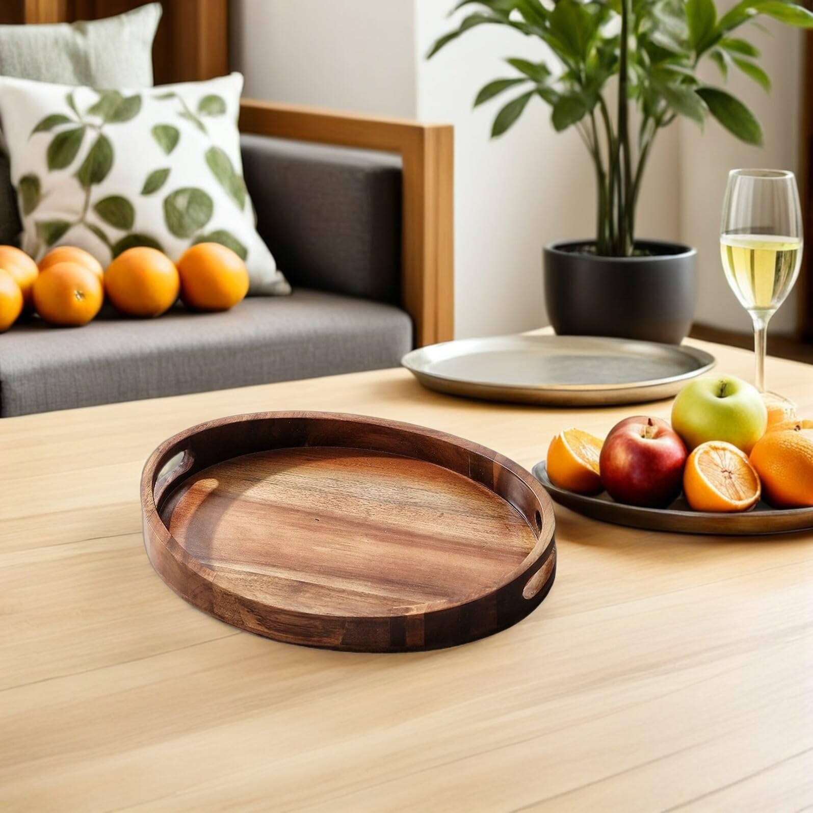 Plateau à thé ovale en bois massif naturel avec deux poignées – Plateau de service de style japonais 32,3 x 25 x 4,5 cm, parfait pour le café, les collations et les divertissements à la maison