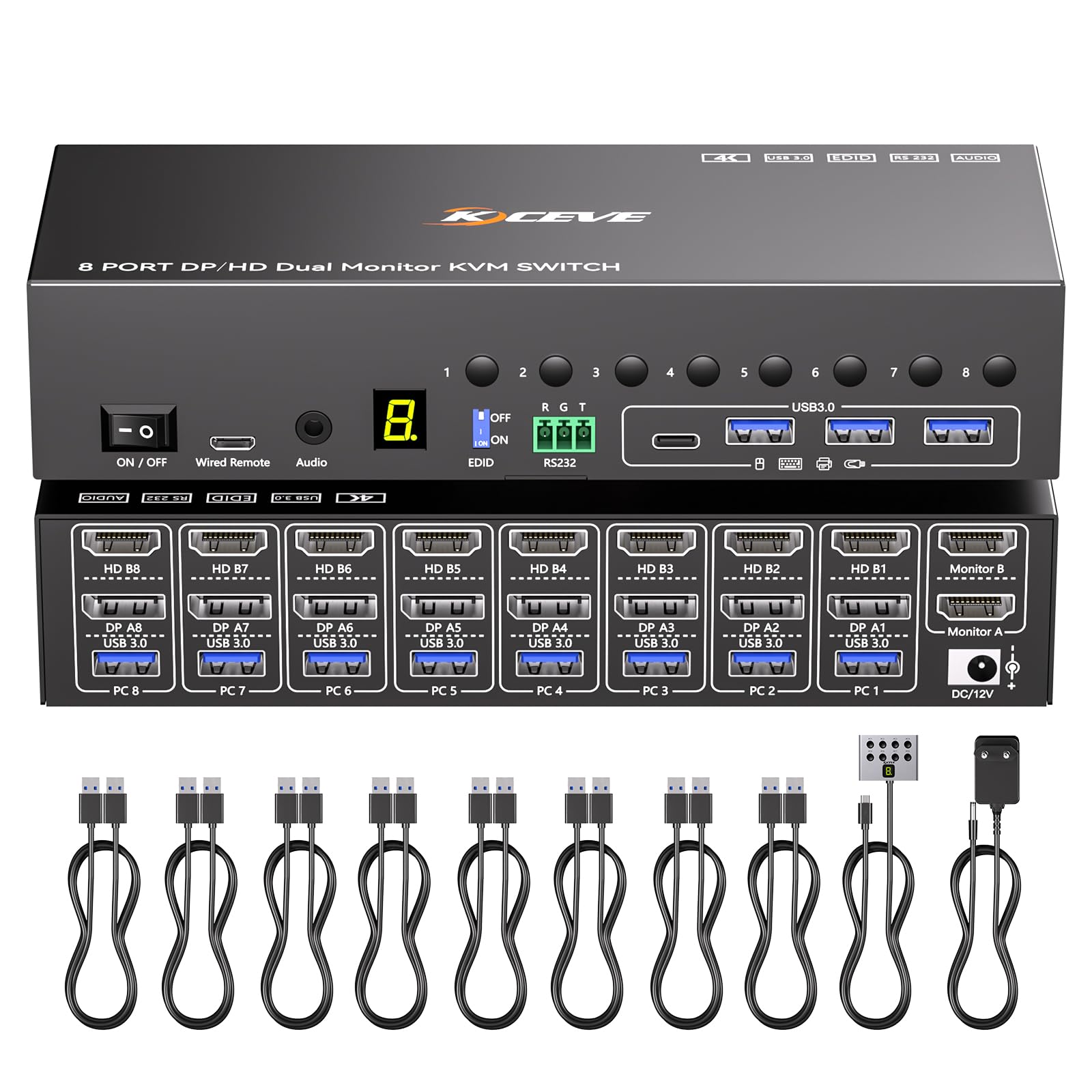 8 Port KVM Switch 2 Monitore HDMI Displayport 4K@60Hz EDID-Simulation, 8 PC Dual Monitor KVM-Switches con 4 USB 3.0 Ports für Tastatur Maus, Audio,RS232,mit Controller,12V Power und 8 USB-Kabeln