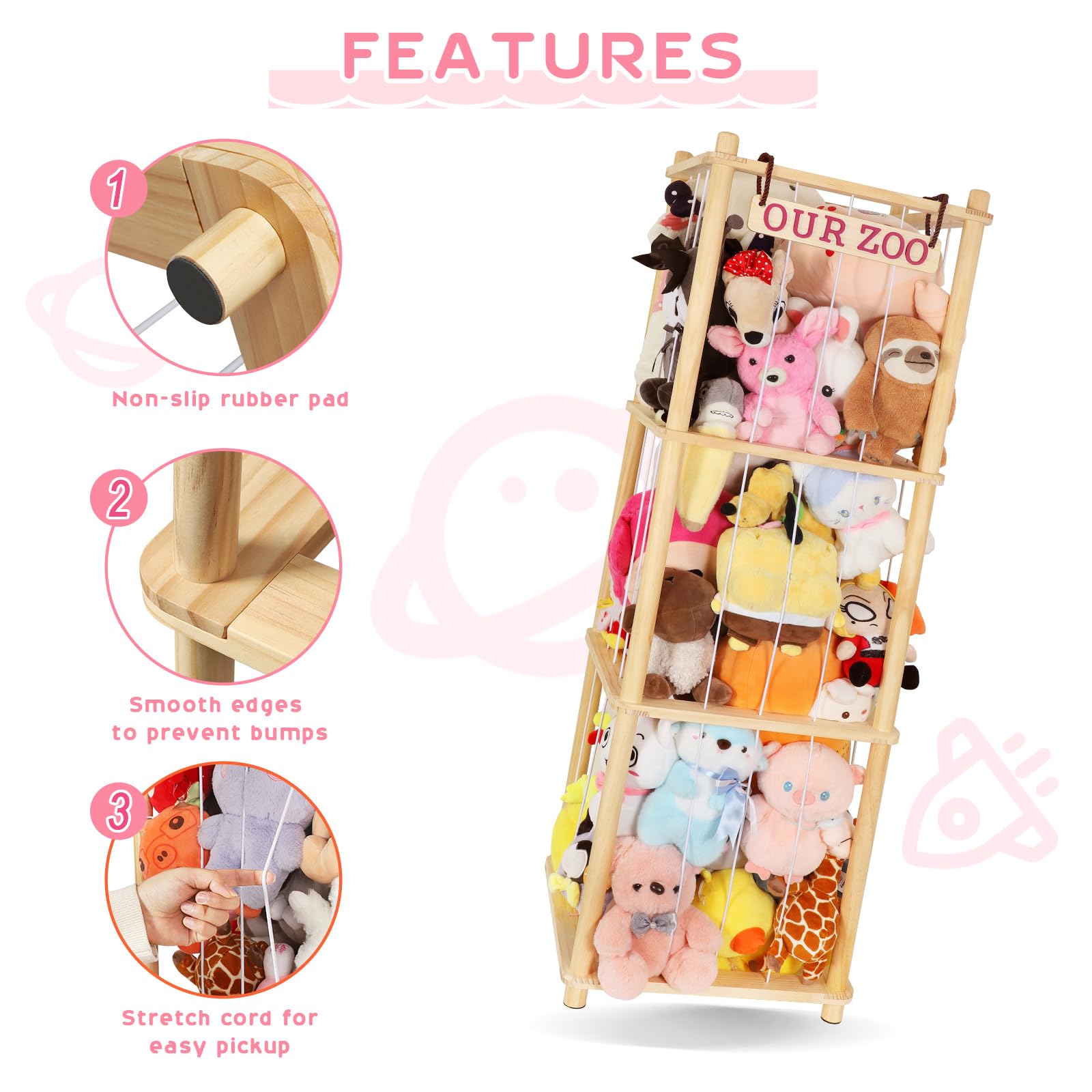 Fuilee Extra Large Stuffed Animal Storage for Corner Organizer,Premium Wooden Material with Elastic Cord Hold Up to 200 Plush Toys,Stuffed Zoo Animal Holder and Collection for Playroom-Birthday