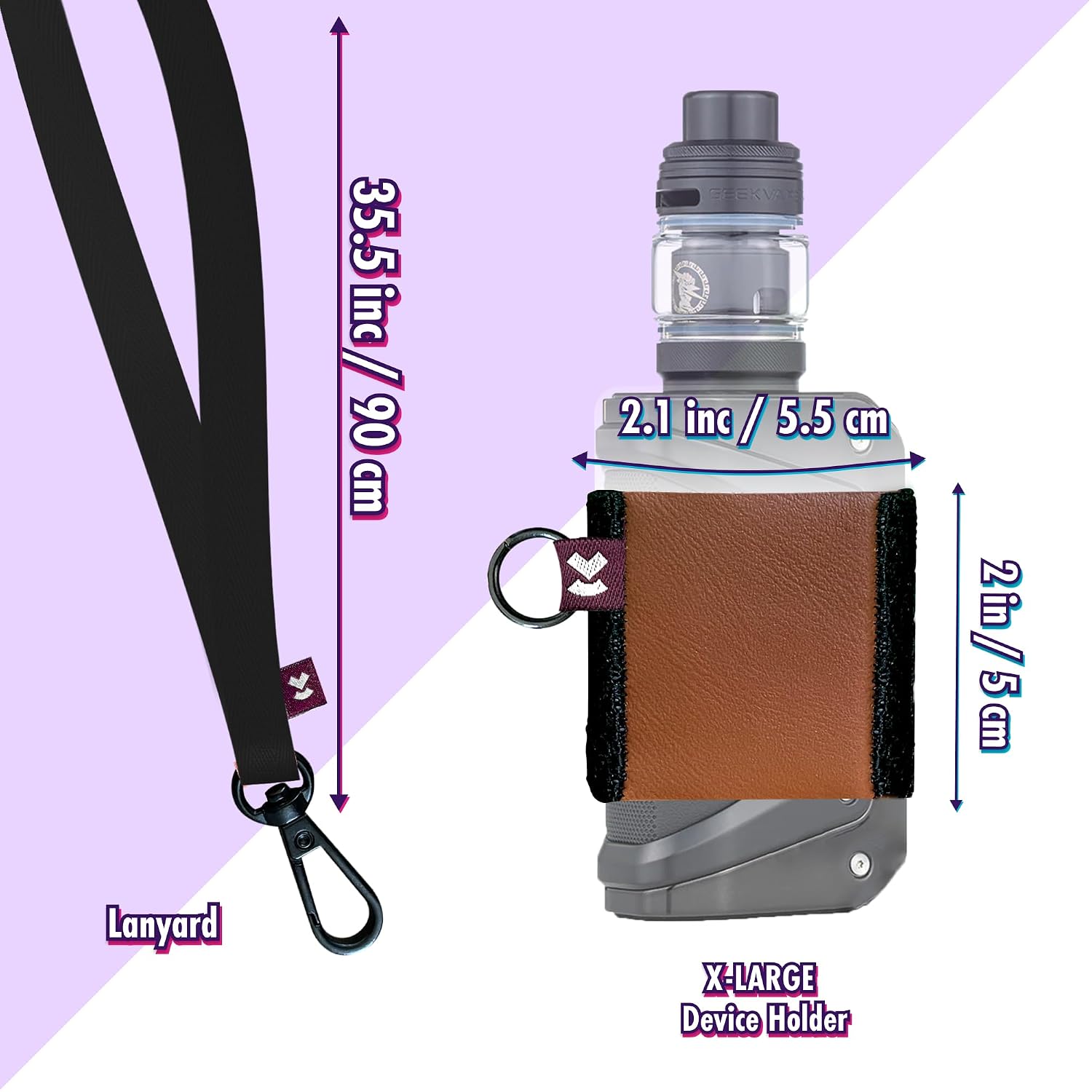 Leather Vape Holder, Comfortable Design for E Cigarette, High-Strength Elastic (Brown Holder/Black Lanyard XL)
