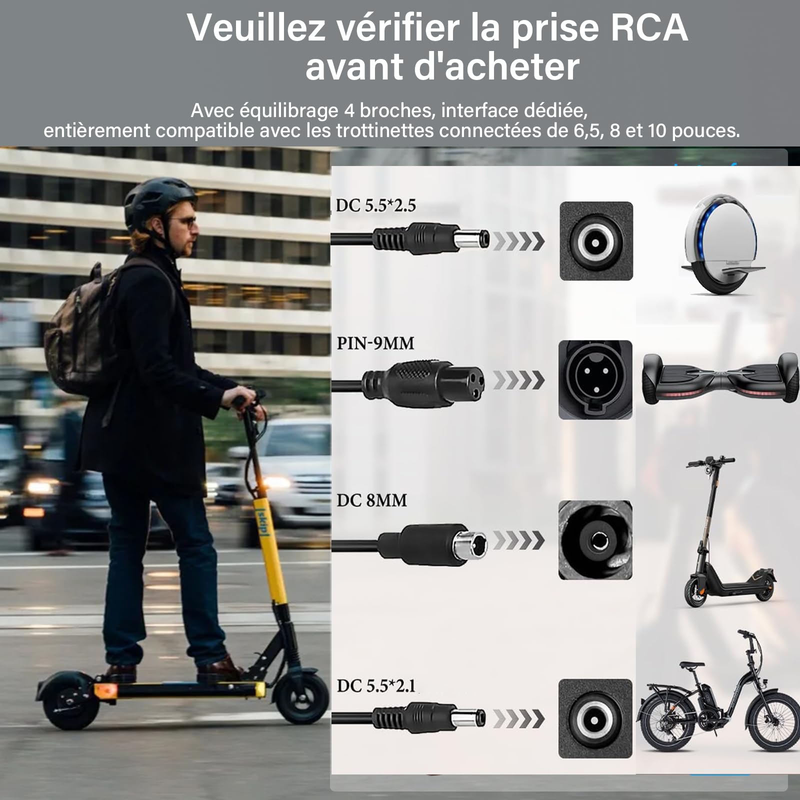 Chargeur Trotinette Electriqu, 42V 2A Universel Chargeur Hoverboard 36V Batterie de Trottinette avec 4 Connecteurs pour M365,E-Scooter,Hoverboard,Scooter Electrique