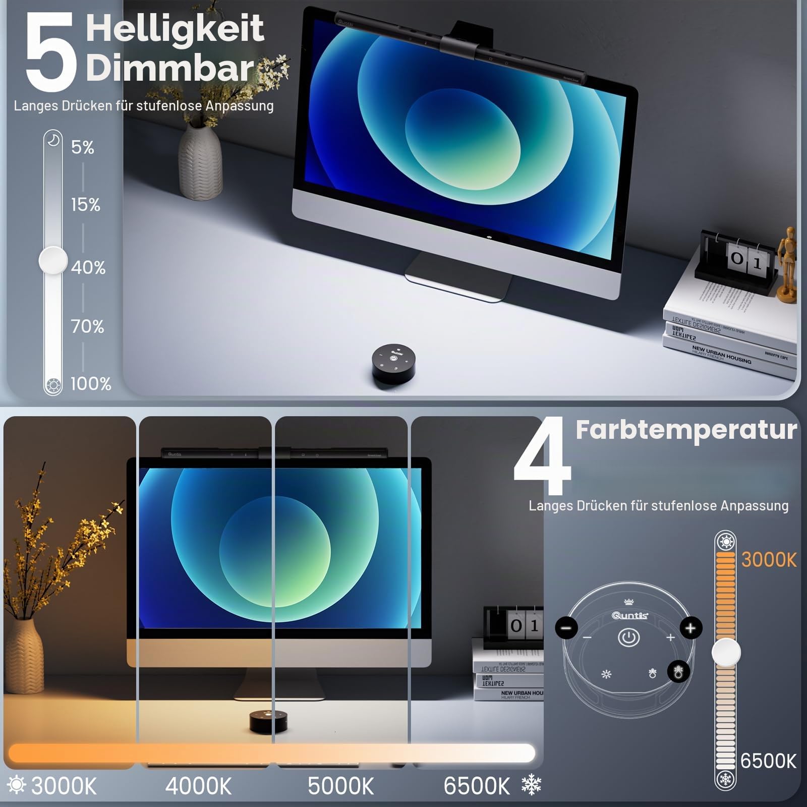 Quntis Computer Monitor Lampe LED mit Fernbedienung & Touch Control, 40cm Monitor Light Bar mit Anti-blaues Licht, Bildschirmlampe USB mit Auto-Dimmen, PC Büro Lampe