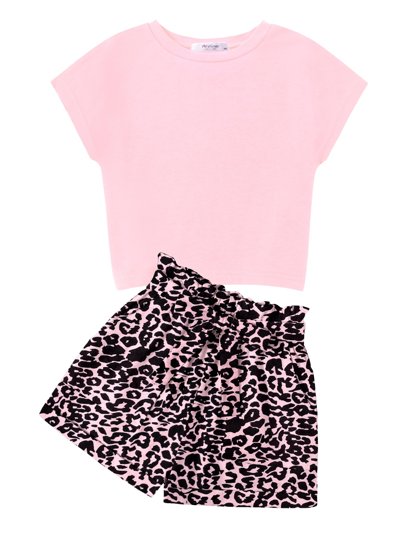 Arshiner Girls 2 Piece Outfit Drop Shoulder Sleeve Tops Paperbag Shorts Set | Summer Clothes, for 6-14 Years, Crew Neck, Hight Waist, Cute Clothing, with Pockets