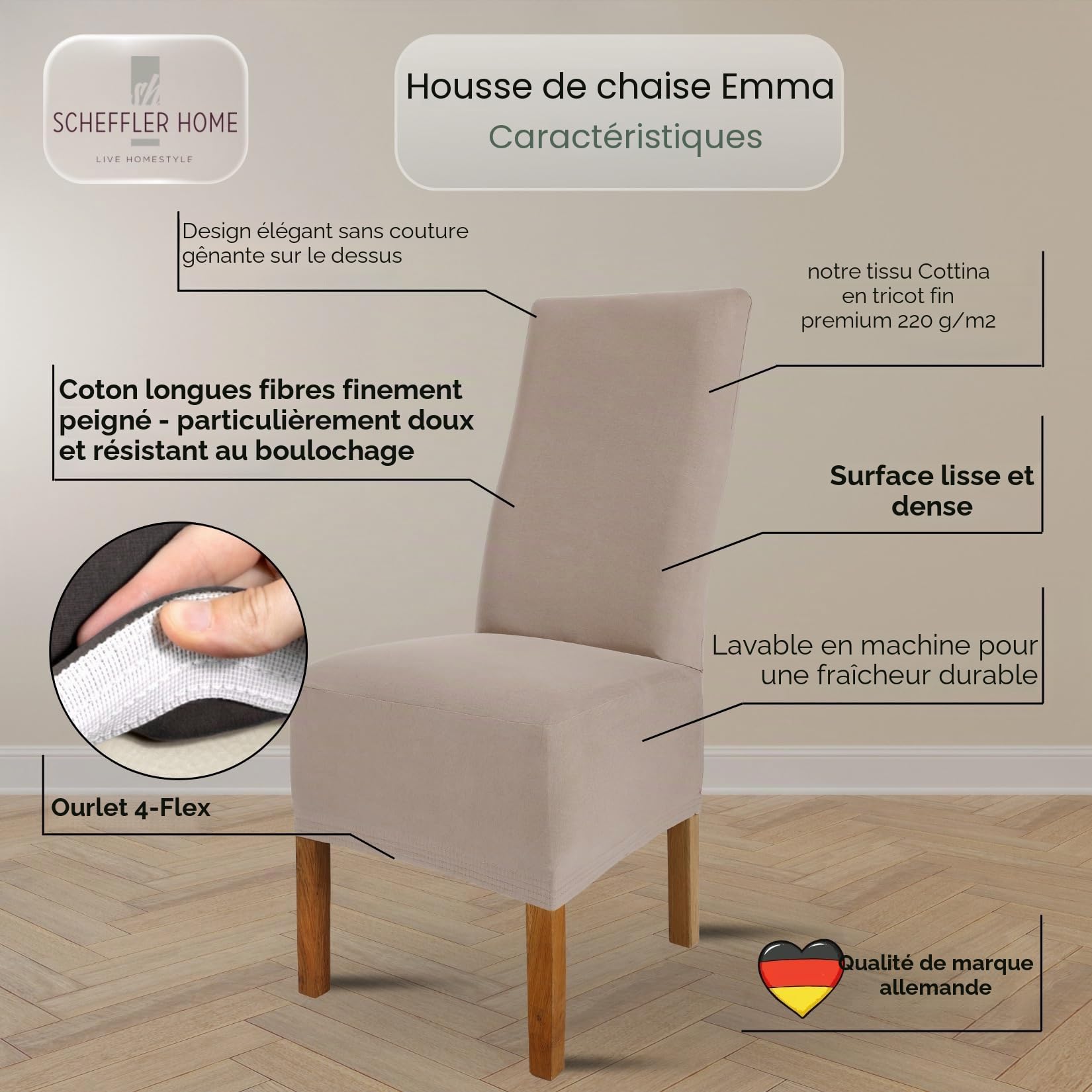 SCHEFFLER-Home Housse de Chaise Extensible « Emma » / Lot de 4 / Taupe / Élastique en Coton / Avec Bande Élastique / Élégante