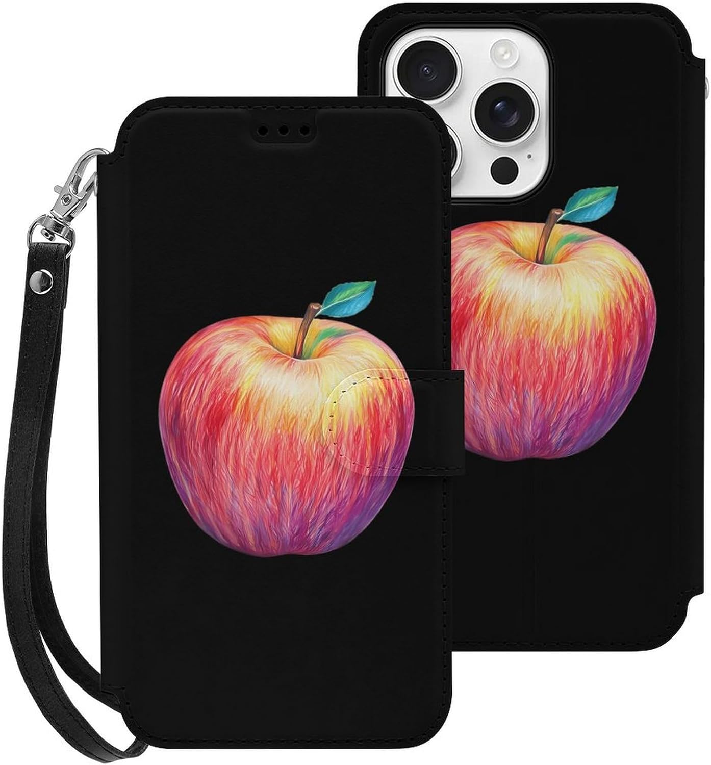 Drawing Fruit Compatible with iPhone 16/16 Plus/16 Pro/16 Pro Max/16 E Case Phone Wallet Card Holder Flip Cover with Wrist Strap