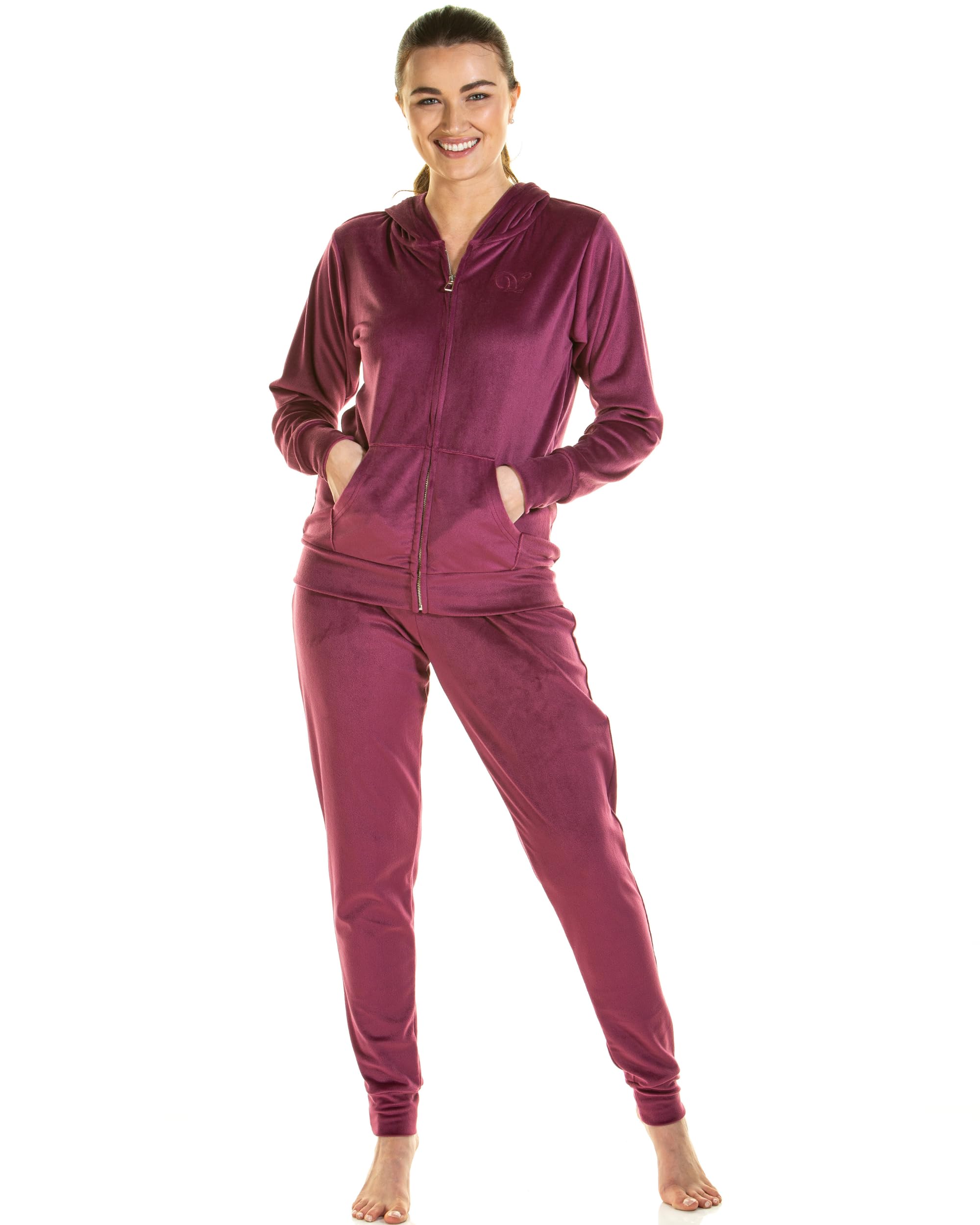 Wysteria Lane Women's Plum Velour Plush Knit Hooded Lounge Set L (Uk 12/14 - Eu 40/42)