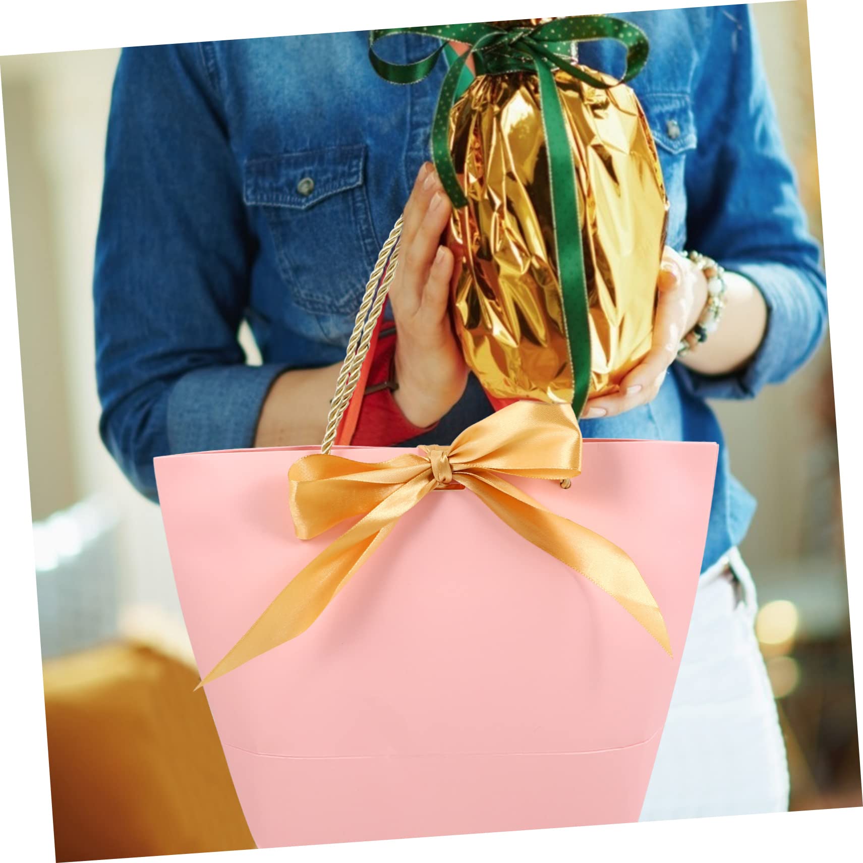 NIYANGLE Papier Verkaufstüten Wiederverwendbar Rosa 12 Stück mit Schleifenmuster Praktische Tragetaschen für Geschenke und Kleidung