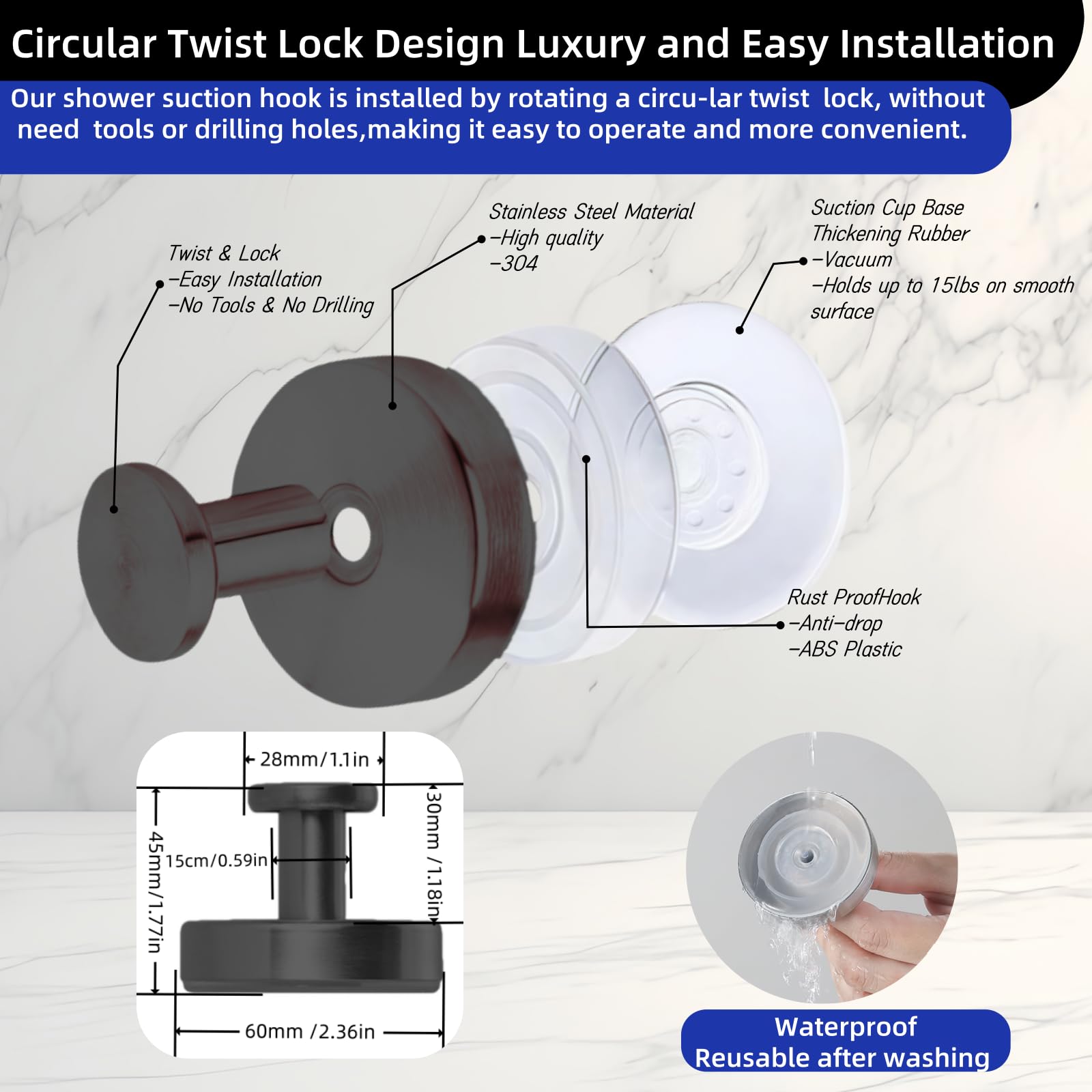 Duilahren Suction Cup Hooks for Wreaths on Glass?Removable Towel Hooks for Bathroom,Window,Glass Door,Wall, Hook for Hanging Bath Robe,Looafh,Name Sign on Front Door,2 Pack,Black