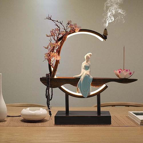 TFCFL Soporte de incienso de reflujo con anillo de luz LED, estilo chino, hecho a mano, incensario de flores, incienso, quemador, decoración del