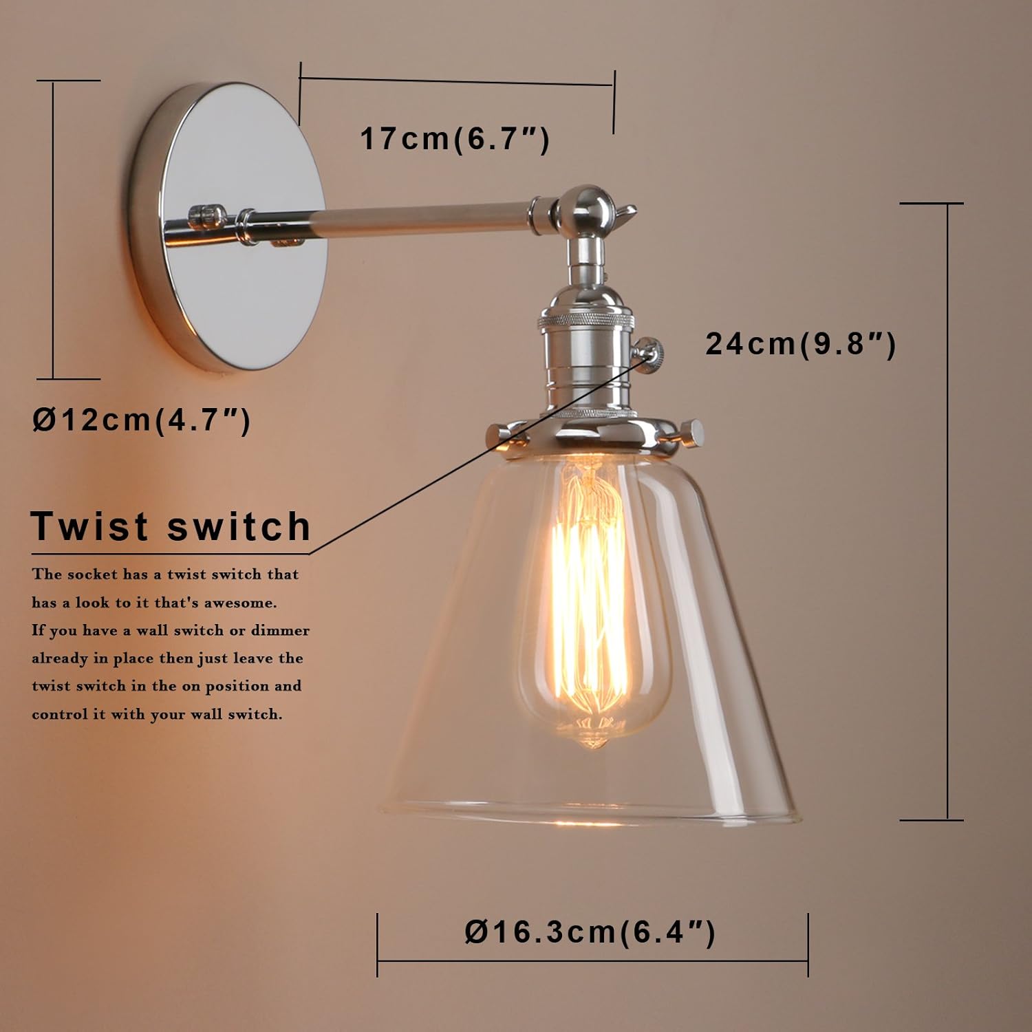 PERMO Industrial Wall Sconce Lighting with On/Off Switch Funnel Flared Clear Glass Hand Blown Shade (Chrome)