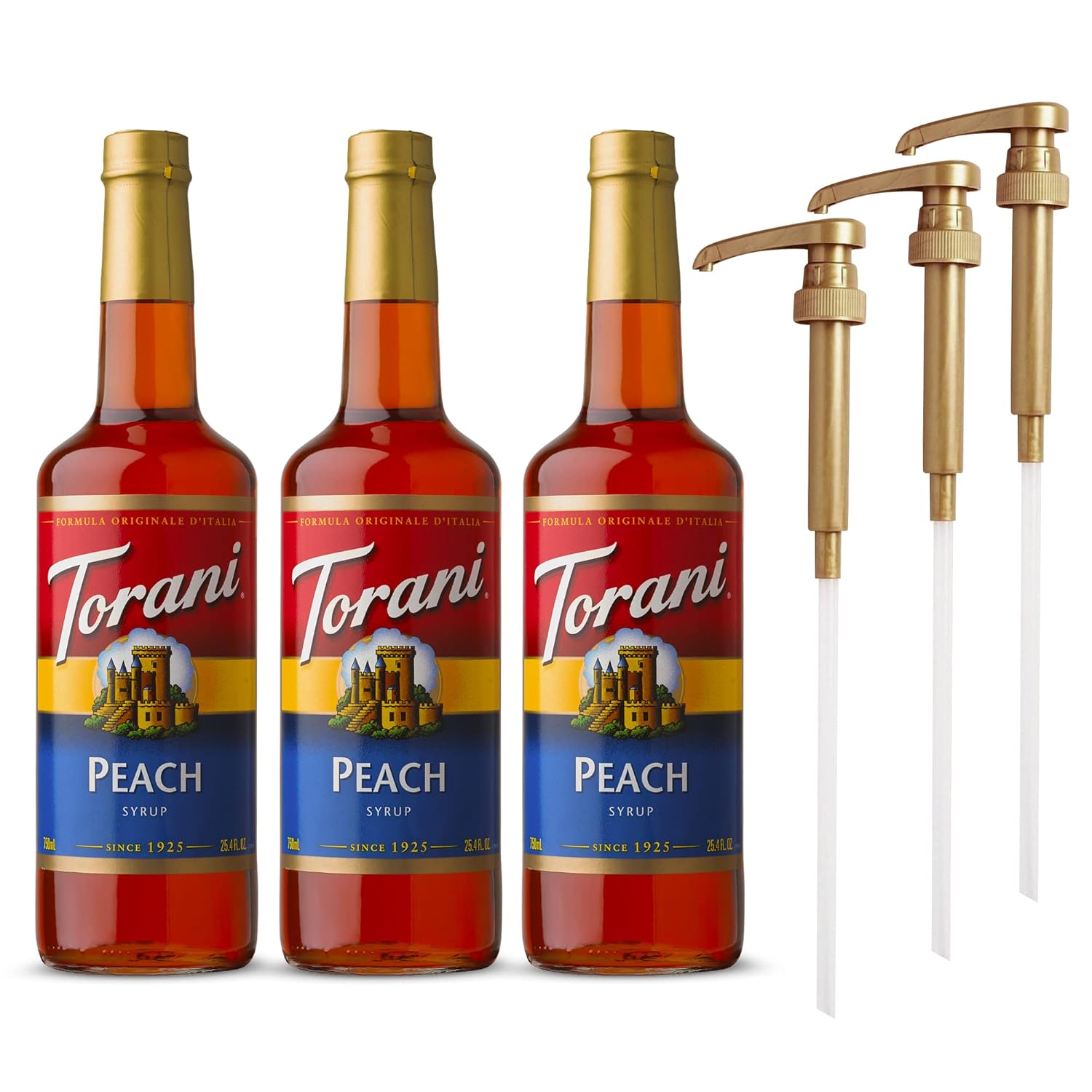 Torani Syrups 25.4Oz 3 Pack Peach Syrup For Coffee With 3 Gold Pump Coffee Syrup
