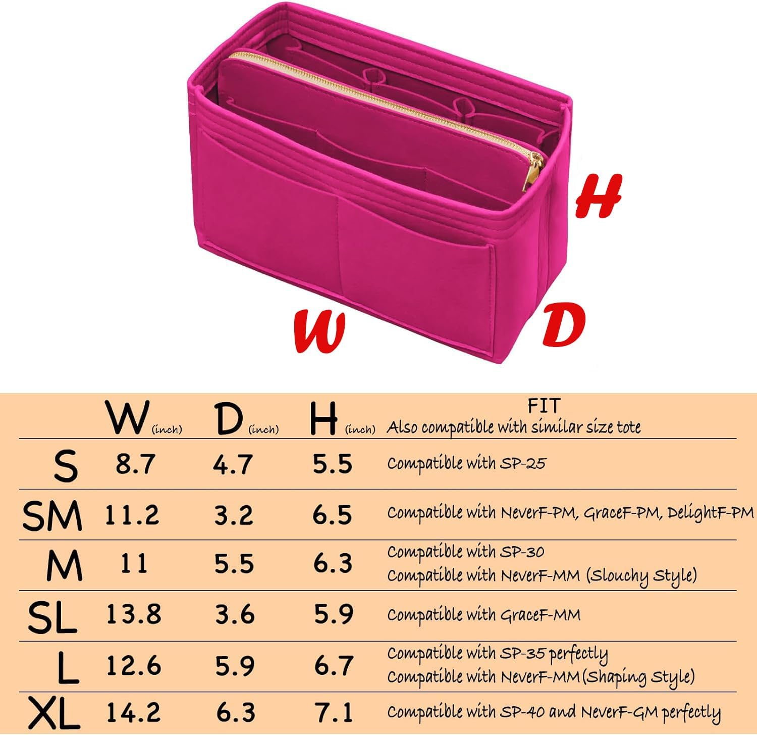 Purse Organizer Insert with Zipper Felt Bag Organizer Handbag Organizer Insert Bag in Bag Organizer with Key Chain for Tote Purse Bag Rose XLarge - Image 2