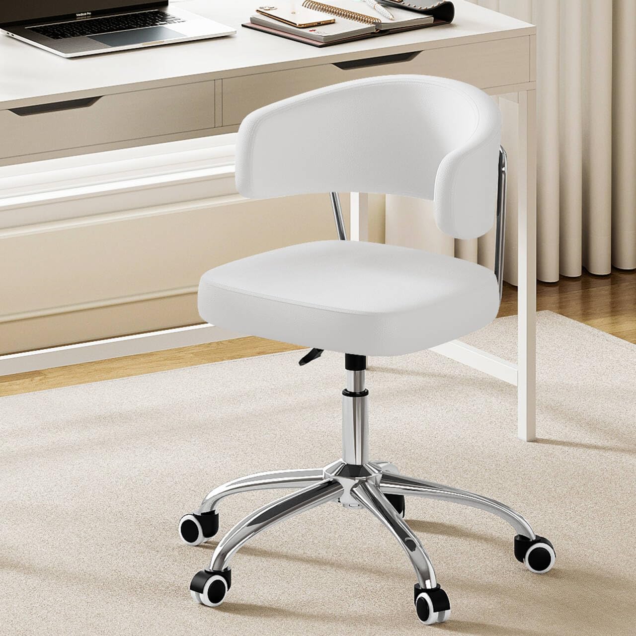 Silla de Oficina con Altura Ajustable, Ideal como Silla Tocador con Respaldo Curvo, Silla Giratoria de PU, Capacidad de Carga hasta 150 kg, Silla de Escritorio para Oficina y Dormitorio, Blanco