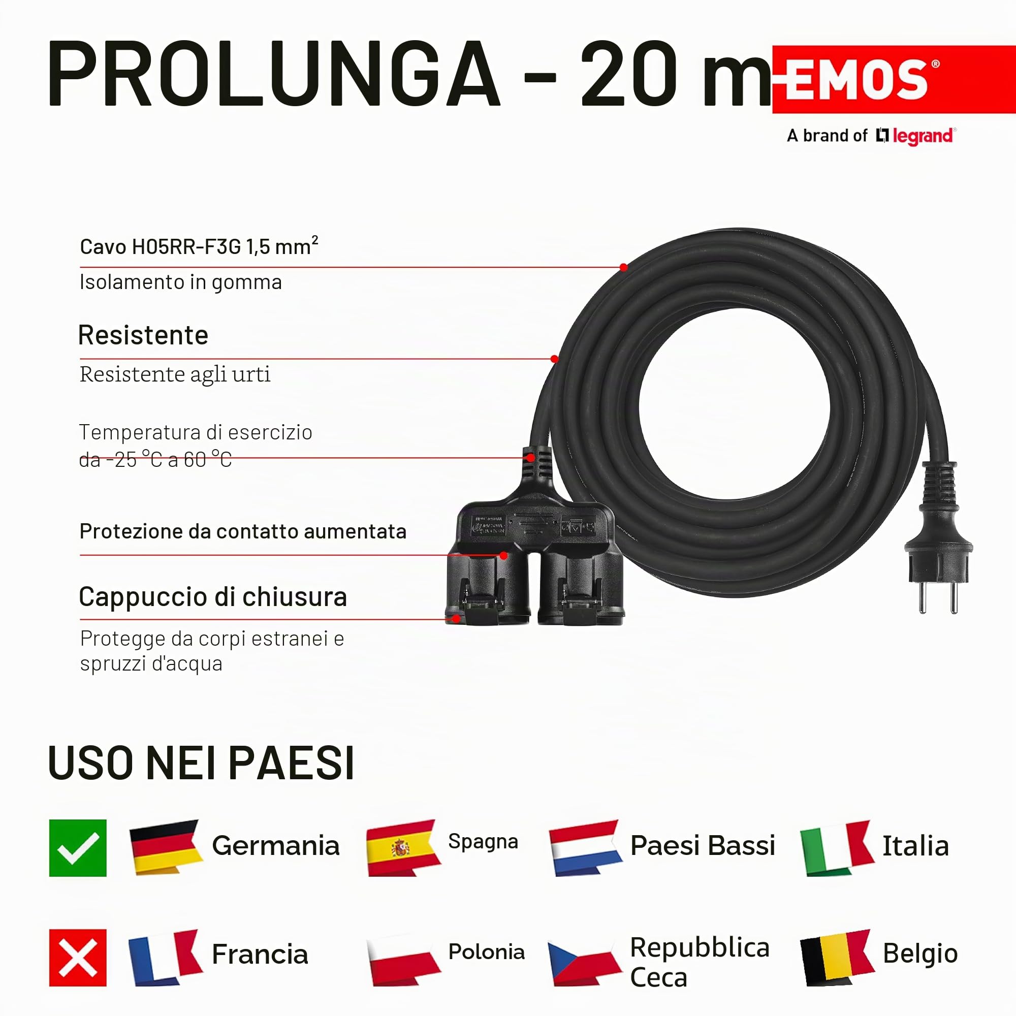 EMOS - IP44 Cavo di prolunga 20 m - 2 prese Schuko - impermeabile, resistente agli urti, al calore e al freddo - 230 V, 16 A, 3680 W - isolamento in gomma - H05RR-F3G 1,5 mm2 - per uso esterno - nero