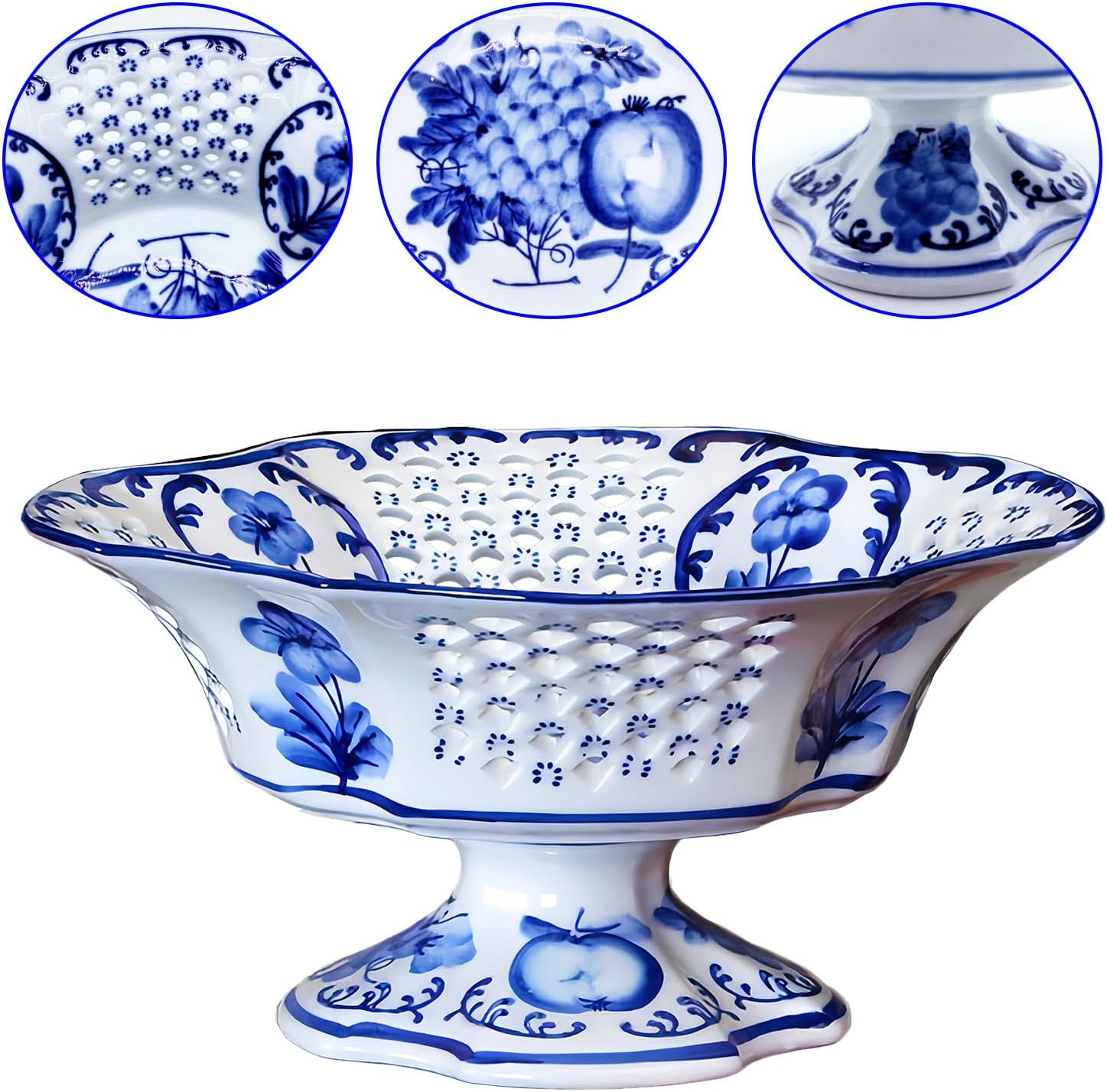 Fruit Bowl Ceramic Fruit Serving Plate Blue and White Chinoiserie Decor Bowl with Foot for Living Dining Room