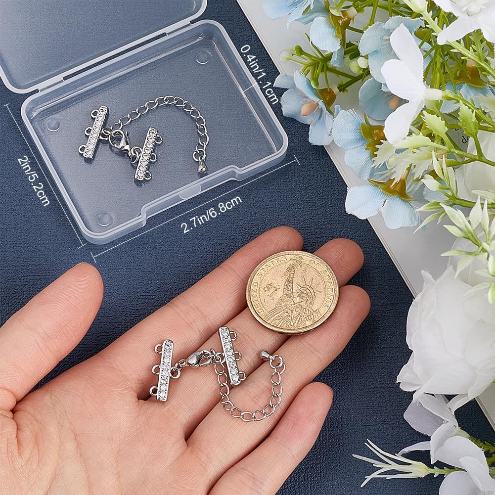 Beebeecraft 2 Sets Platinum Plated Multi Strand Jewelry Clasps Layering Chain Extender Lobster Clasps 3 Strand Cubic Zirconia Adjustable Chain Connector Extenders for Jewelry Making Necklace Bracelet