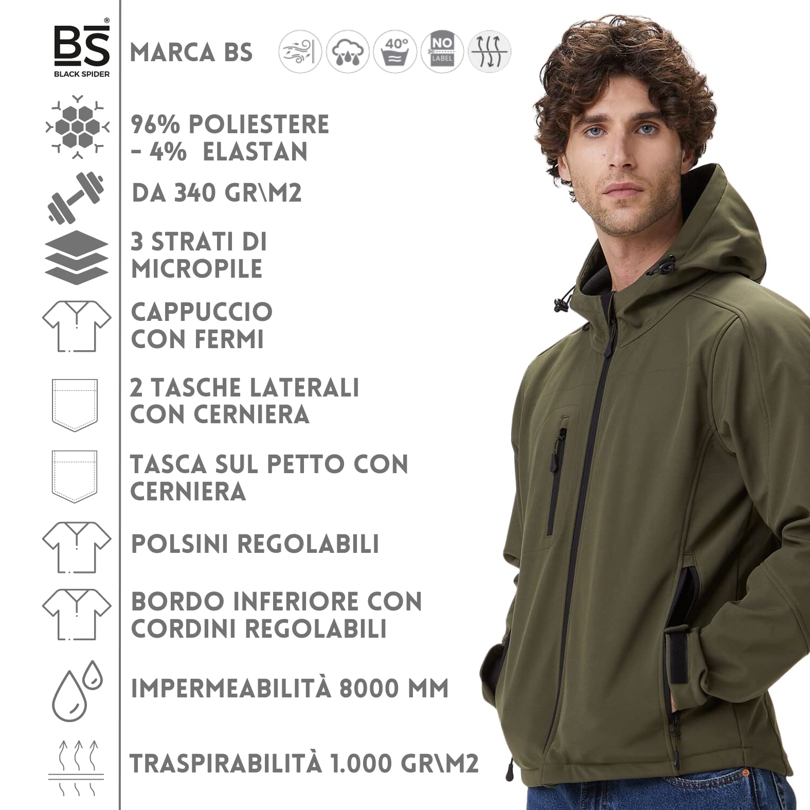 Giacca Softshell Personalizzato con Cappuccio Uomo Donna Militare Invernale Impermeabile Antivento Abbigliamento da Lavoro, Outdoor, Softair, Trekking, Personalizzata, Caccia
