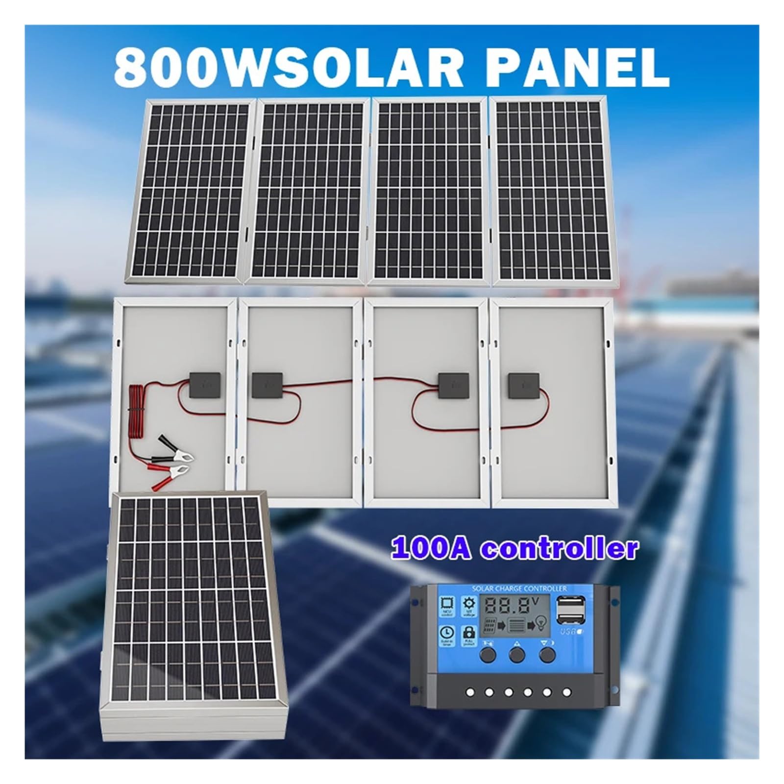 Panneau solaire portable pliable d'efficacité 800W 12V, cellules en silicium polycristallin, idéal for le camping en plein air, le camping-car, la navigation de plaisance