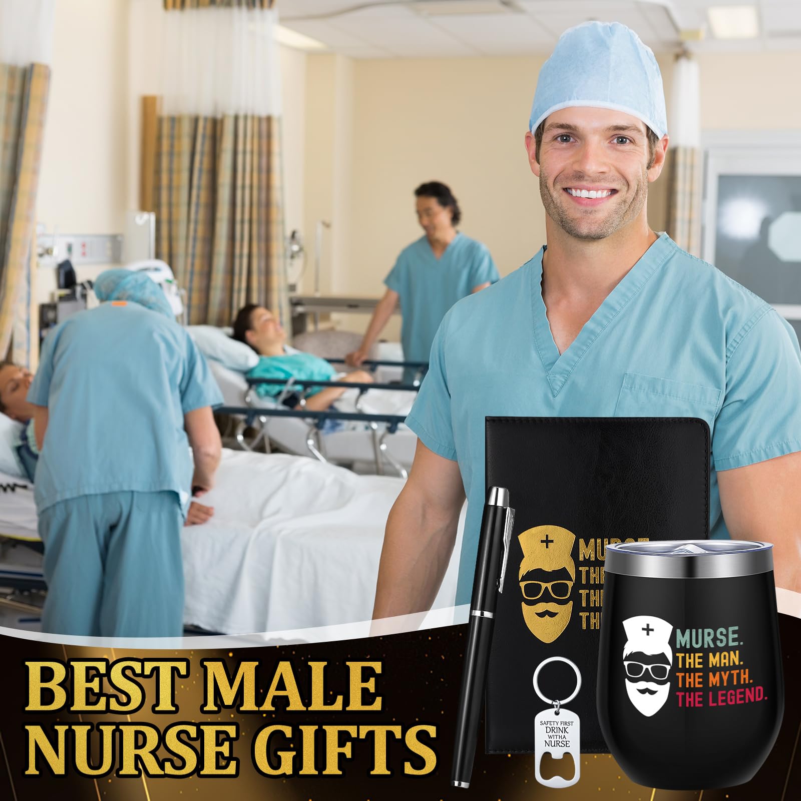 Reallnaive 6 Pcs Nurse Gifts for Men Nurse Week Appreciation Gifts 12 oz Stainless Steel Cup Socks Keychain Pen Notebook Box for Male Rn Cna Lpn Rg Practitioner Medical Assistant Nursing