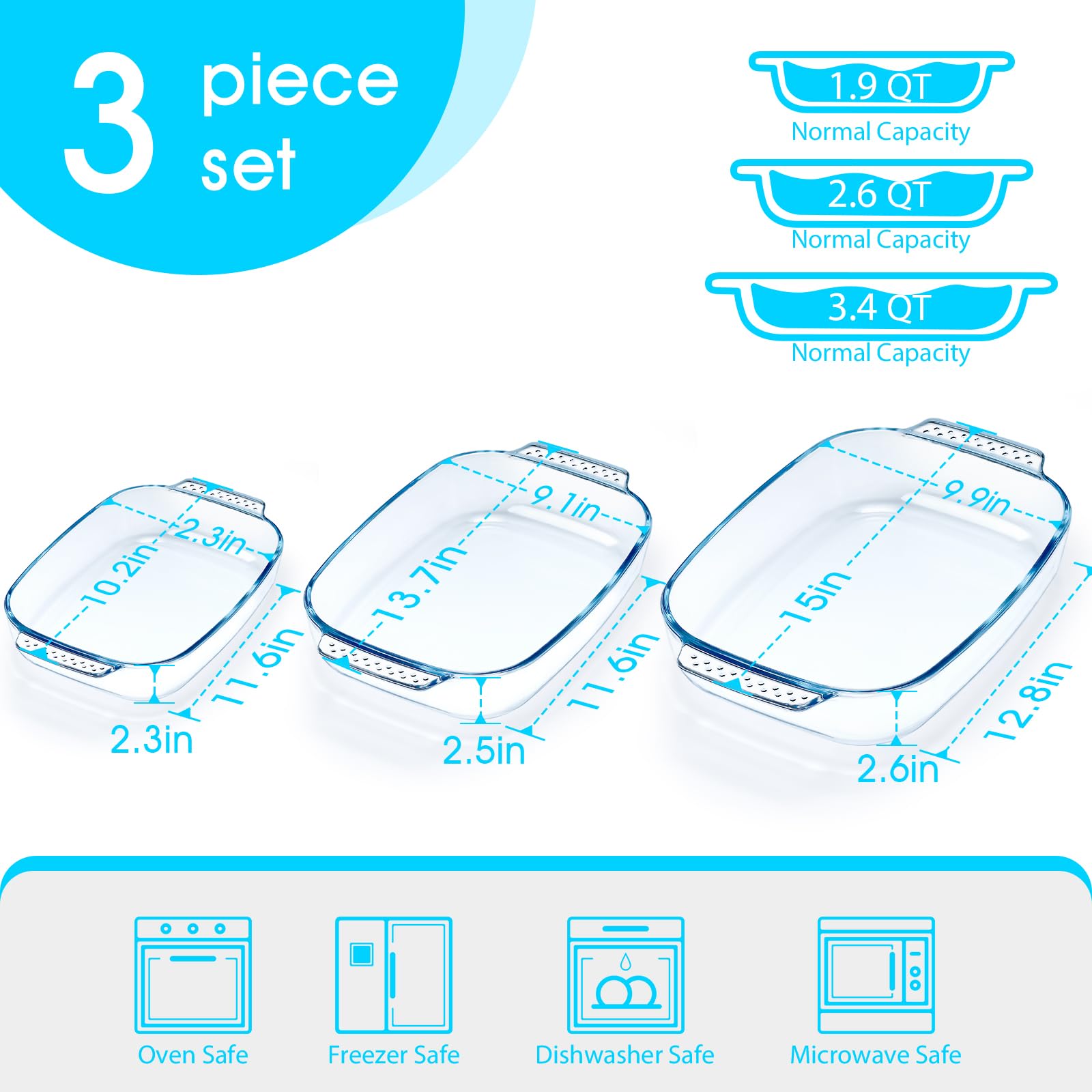 NUTRIUPS Glas-Backformen-Set für den Ofen, rechteckig, Backformen, Set mit 3 Backformen, Glas, Auflaufformen, stapelbar, platzsparend, 1,8 QT + 2,5 QT + 3,1 QT