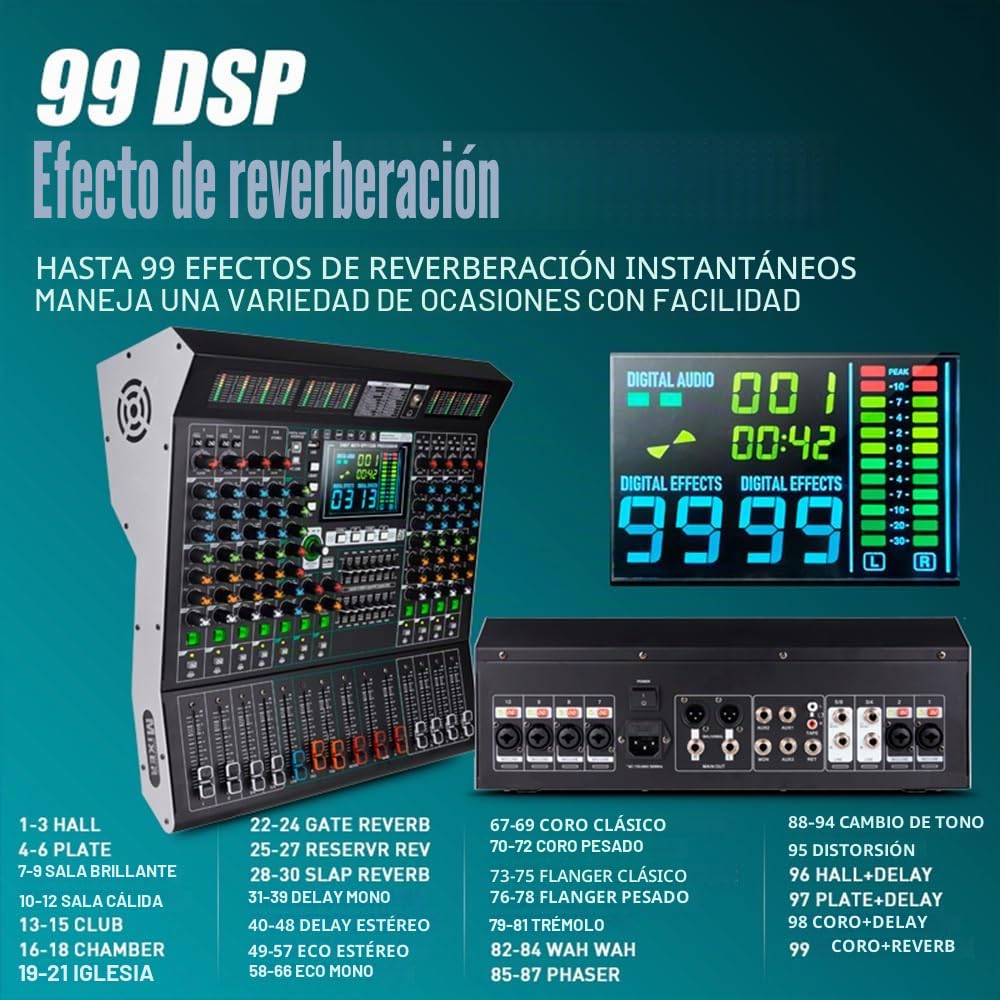 Consola de mezclador de escenario MD10 de 10 canales con 99 efectos DSP, pantalla USB, conexión inalámbrica, control de ecualización independiente, pantalla LED grande, mezclador de audio