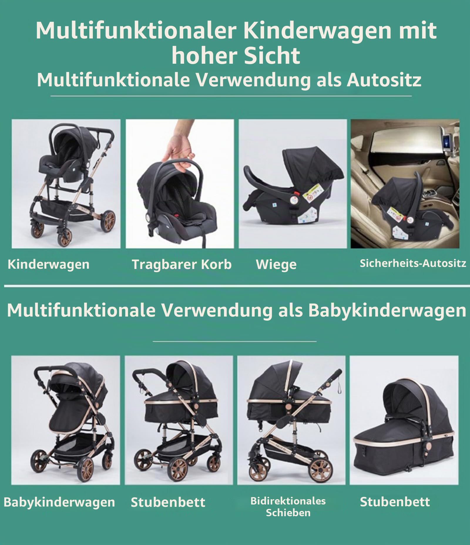 Kinderwagen 3 in 1, Buggy mit Umkehrbarem Zwei-Wege-Schub, Kinderwagen mit Faltbarem Tragbarem One-Click-Design, Kinderwagens 3 in 1 Komplettset mit Zubehör Hohe Landschaft (739 Red)