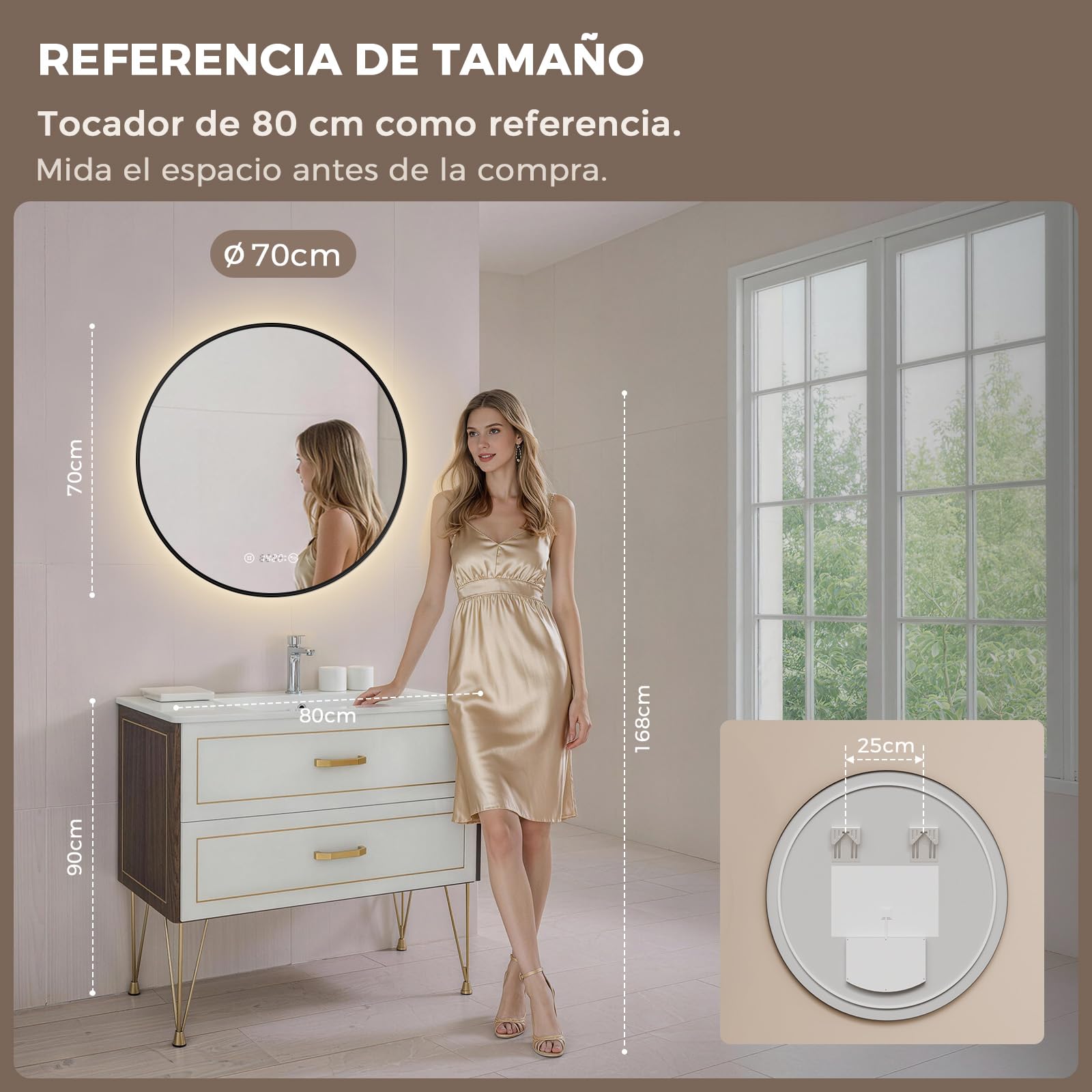 S'AFIELINA Espejo Baño con Luz LED Redondo Ø70 cm, Marco Dorado | Espejo Redondo de Baño con LED, Espejo Retroiluminado, Diseño Sin Marco, Luz Neutra, Espejo de Pared, Decorativo para Baño