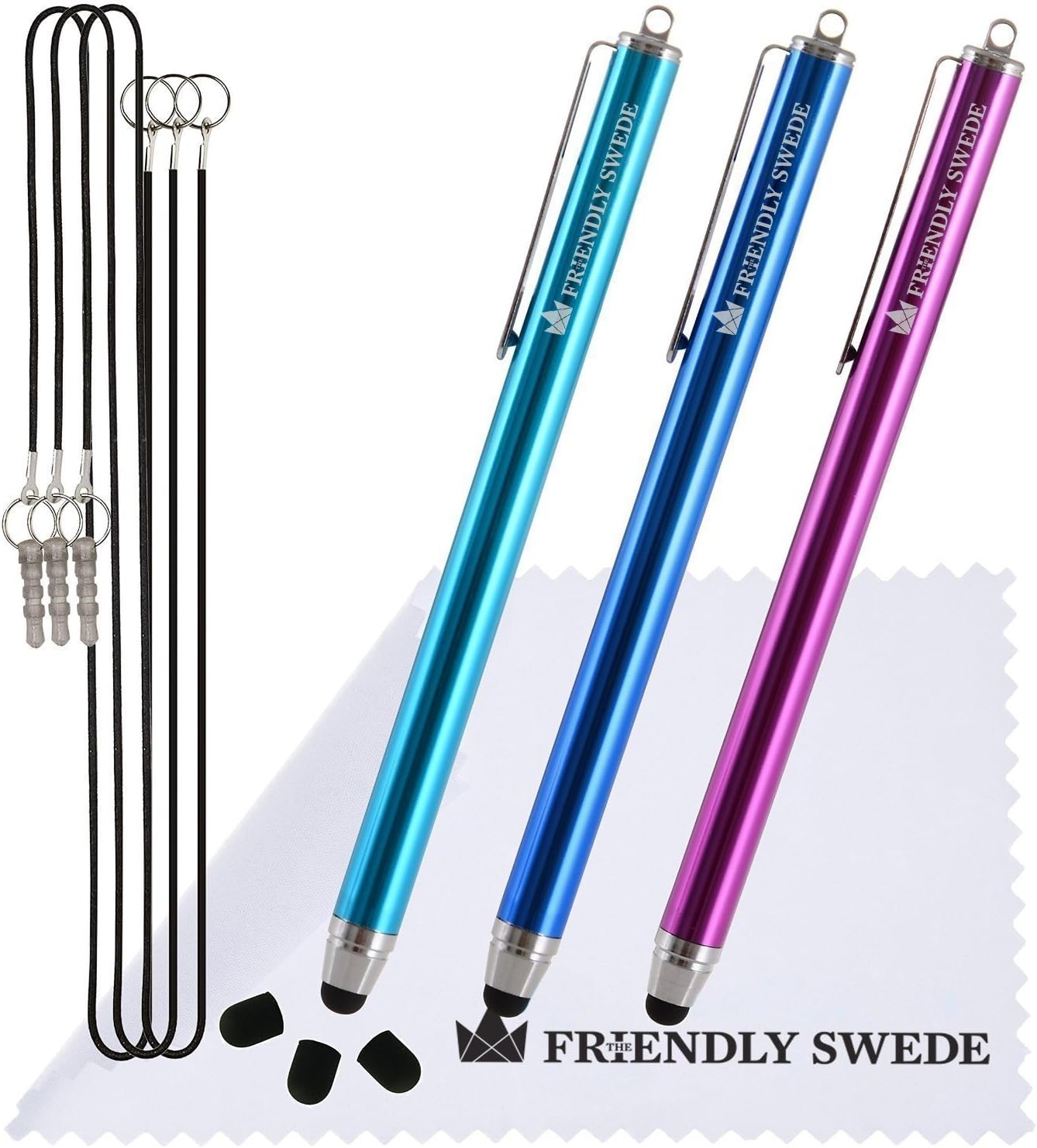 Stylus Pen for Touchscreen — 3-Pack 5.5" High Precision Stylus Pen with Replaceable Thin Tips, Elastic Lanyards & Screen Cleaning Cloth - Aqua Blue/Dark Blue/Purple