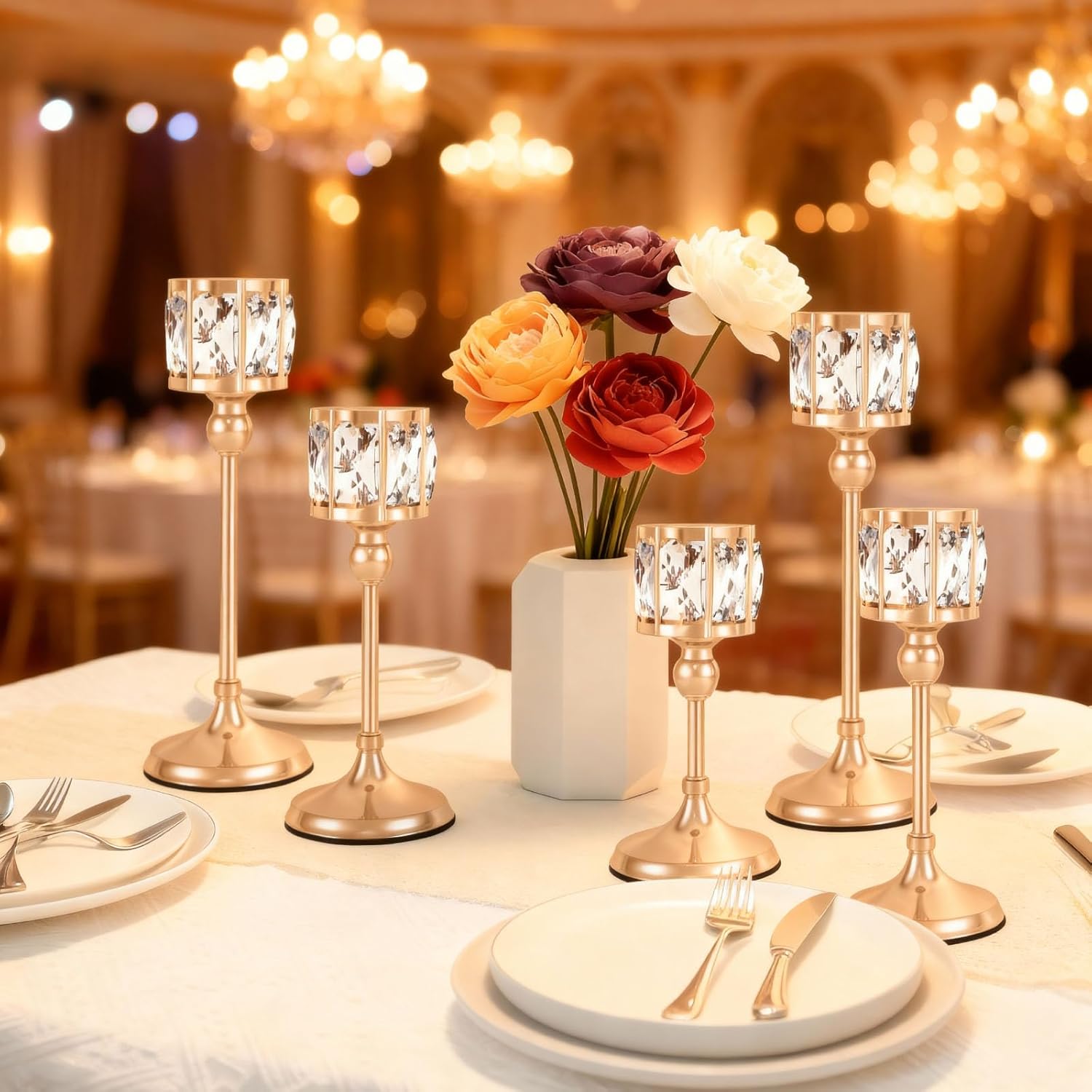 Crystal Tealight Candle Holders,Votive Candle Stands Wedding centerpieces for Tables Crystal Candlestick，Centerpiece Table Decorations (Gold, 3 Sets(9 Pcs))