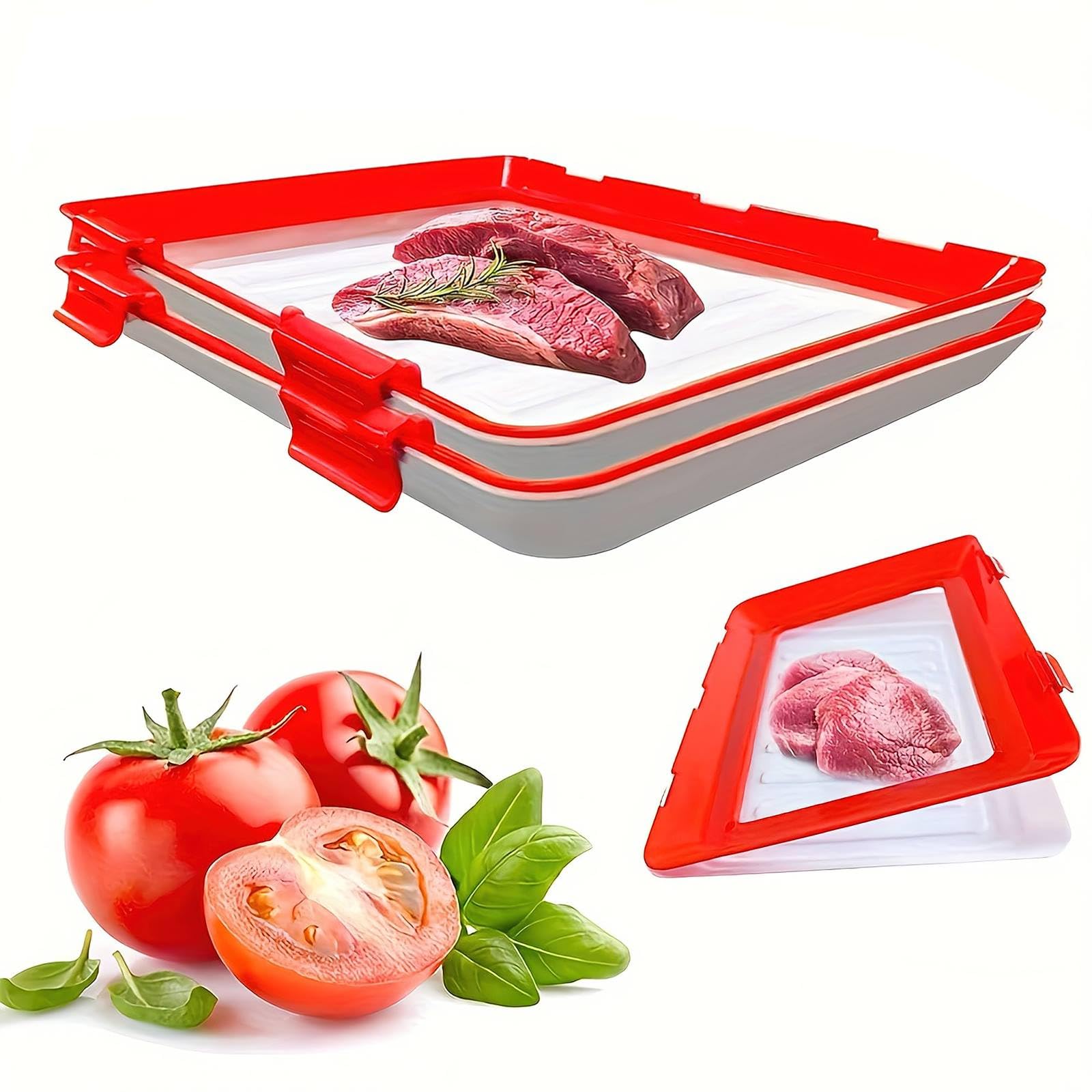 YSINOBEAR Vacuum Fresh Storage Tray,Reusable Creative Food Storage Container, 12x8.6 Stackable Food Preservation Tray with Elastic Lid with Buckle for Vegetable Fruit Meat Fish (2pcs)