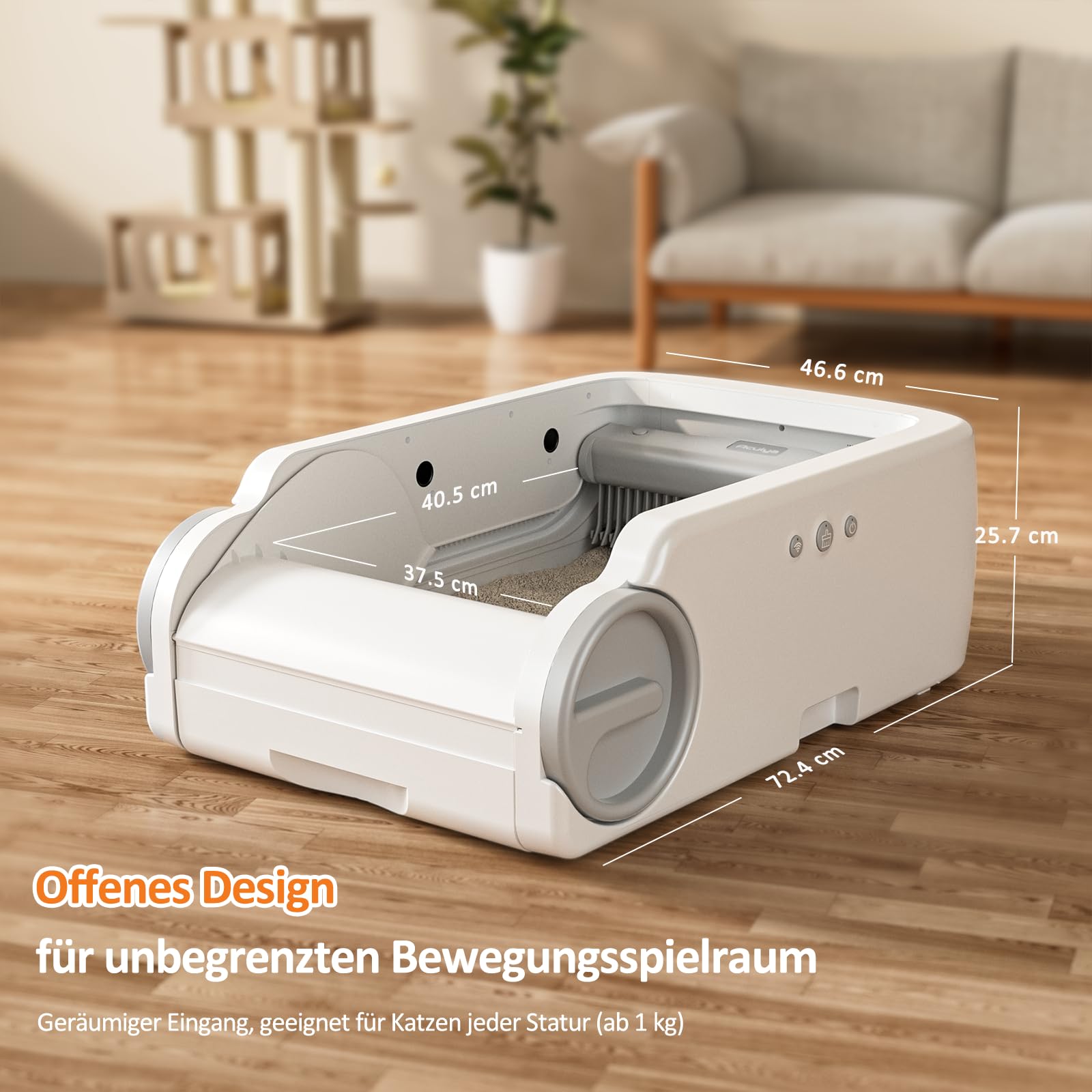 Selbstreinigendes Katzenklo, offene automatische Katzentoilette – Selbstreinigender Roboter für große Katzen, mit Sicherheitssensoren & App-Steuerung
