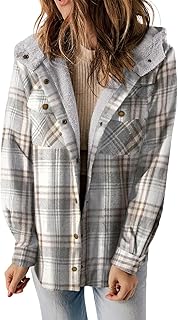 Womens Plaid Shacket Jacket Long Sleeve Button Down Fleece Hooded Jackets Warm Coat