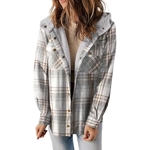 Dokotoo Womens Plaid Shacket Jacket Long Sleeve Button Down Fleece Hooded Jackets Warm Coat