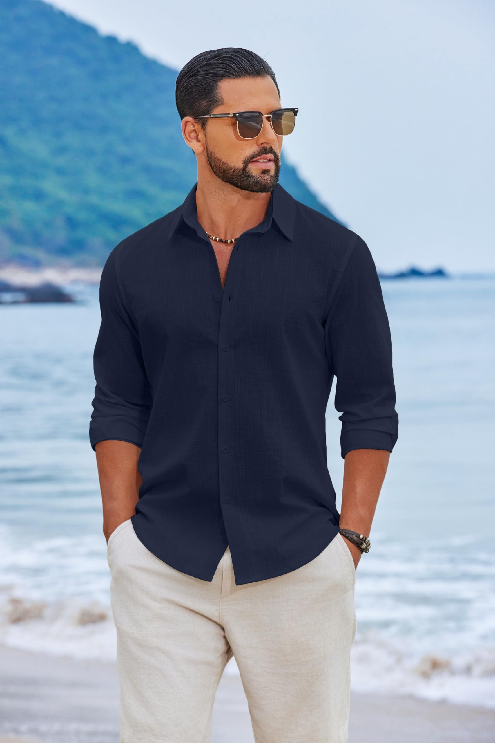COOFANDY Camicia da Uomo a Maniche Lunghe in Cotone Camicia Casual Estiva Camicia da Spiaggia Leggera per Le Vacanze e i Matrimoni