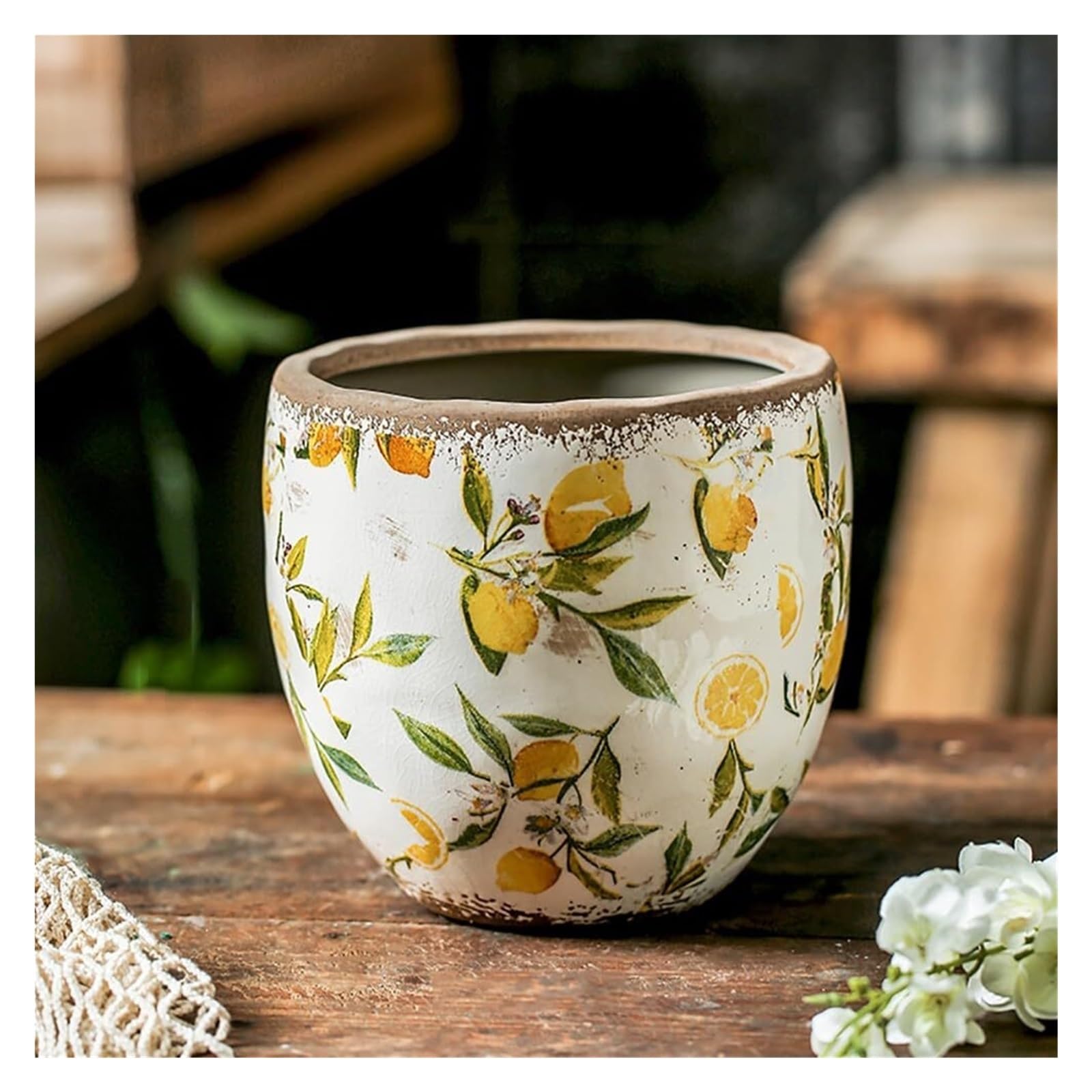 Doniczki na rośliny, ceramiczne doniczki na rośliny ogrodowe i sukulenty. Donice na rośliny z pęknięciami w stylu "used look", prezenty dla miłośników roślin (żółte, z otworem)