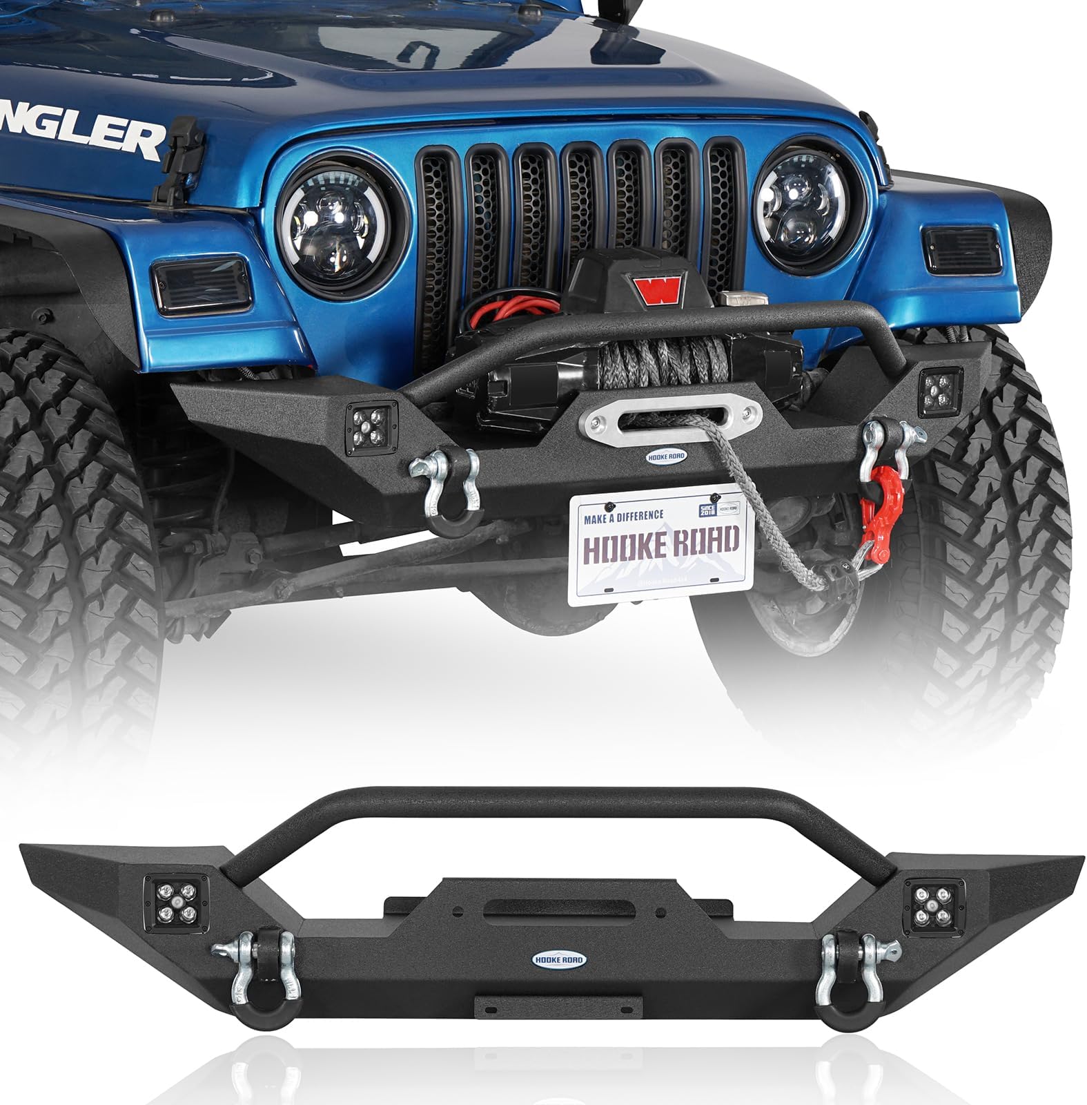 Wrangler TJ Front Bumper with Winch Plate & LED Lights & D-Rings for 1987-2006 Jeep Wrangler YJ TJ