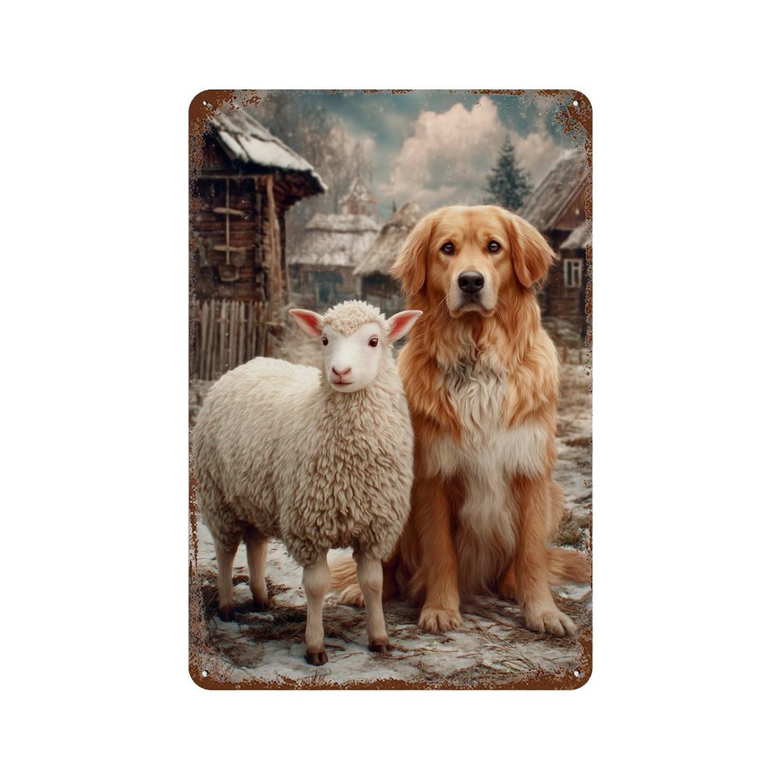 Golden Retriever And Sheep in Winter Village Decorative Tin Sign 11.8"x7.9", Rustic Home Decor for Cafe, Home Bar And Lounge Decor