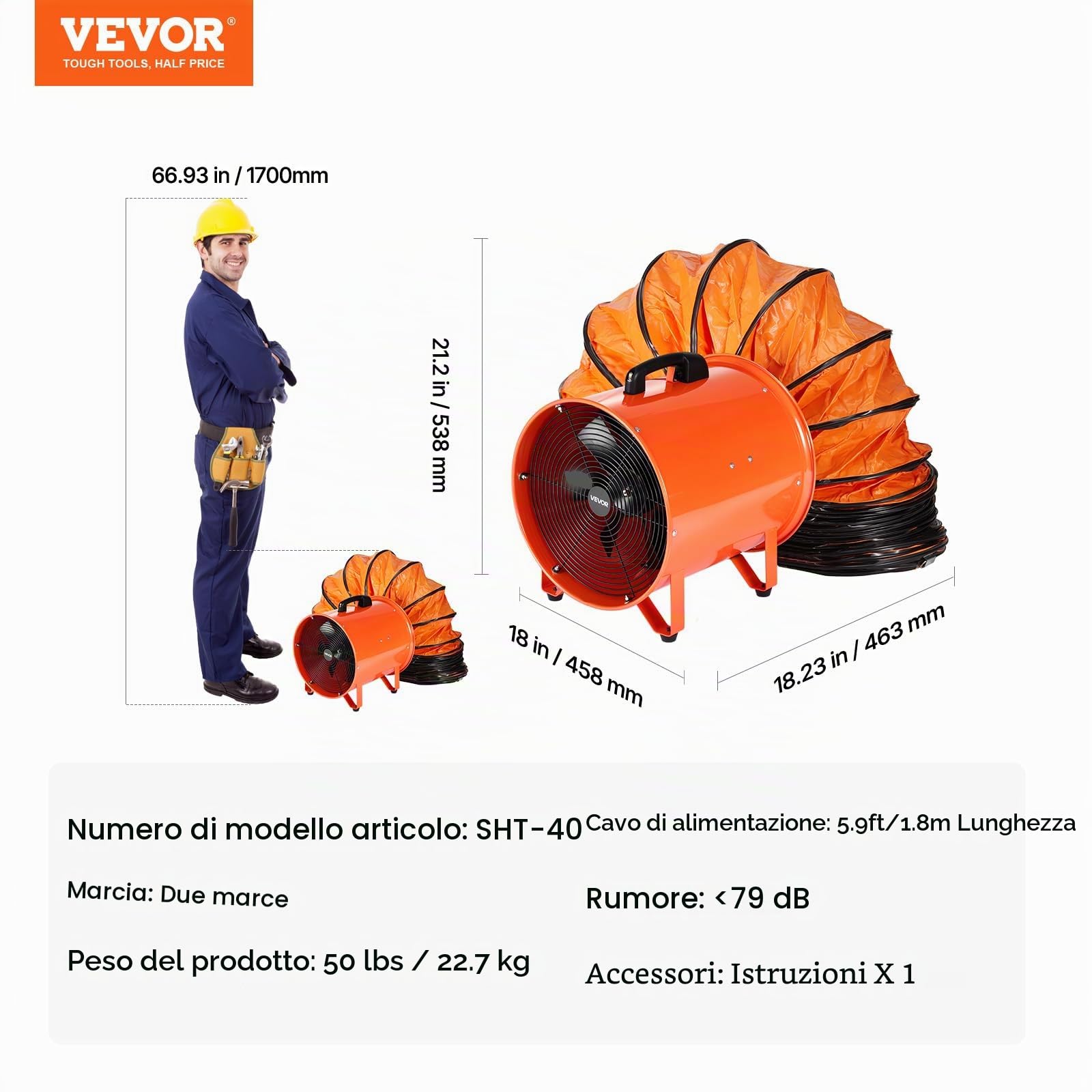 VEVOR Ventilatore Portatile, 900W Aspiratore Estrattore d'Aria Condotto Industriale 2850 RPM, Tubo Flessibile 10m Volume d'Aria 5175 CFM (8792 m3/h) 2 Marce per Aspirare Polvere Fumo Rumore 79dB IP44