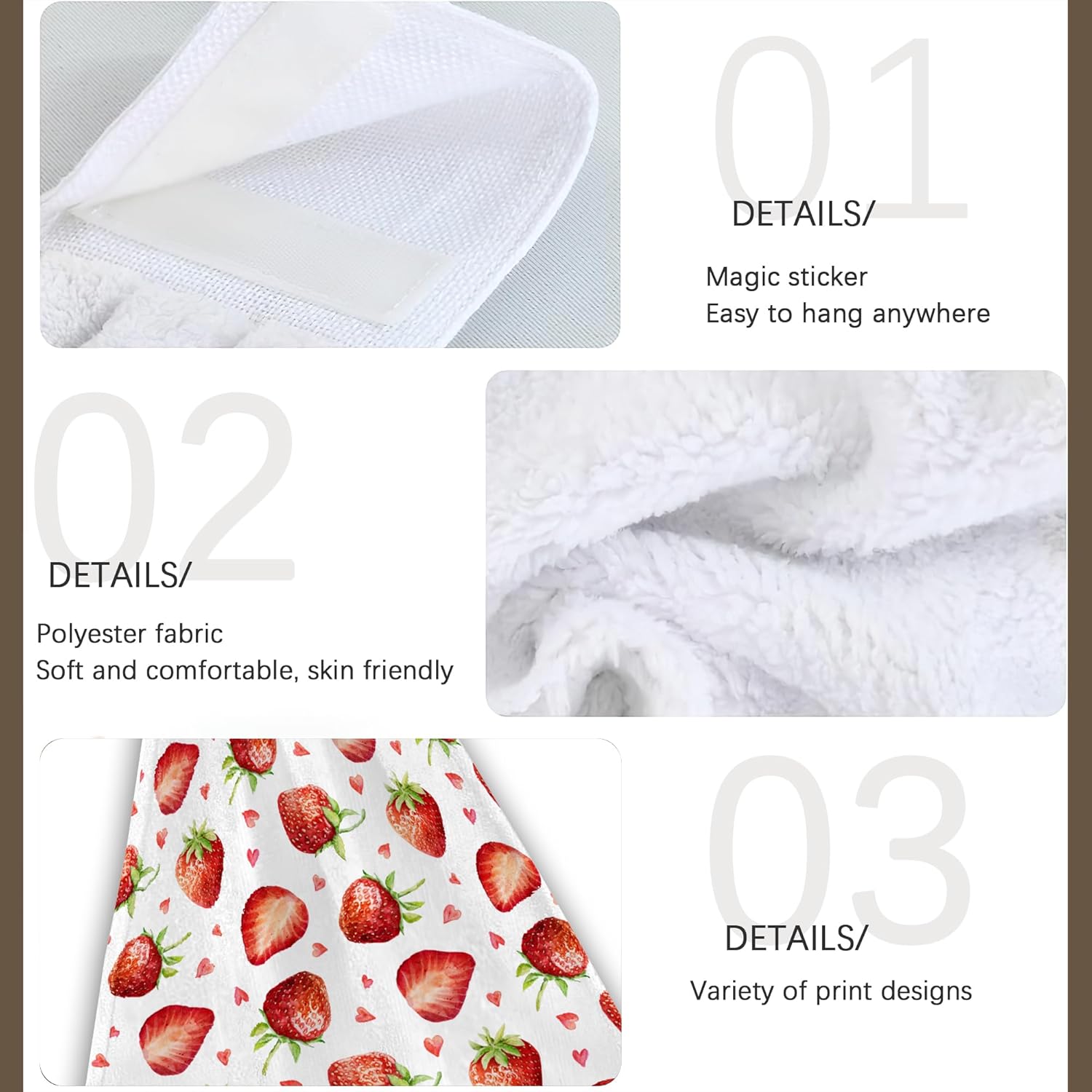 Cute Strawberry Kitchen Hand Towels Hand Tie Towels Set of 2 PCS Dish Towels with Loops Tea Bar Dish Cloths Towel for Bathroom Home - Image 3
