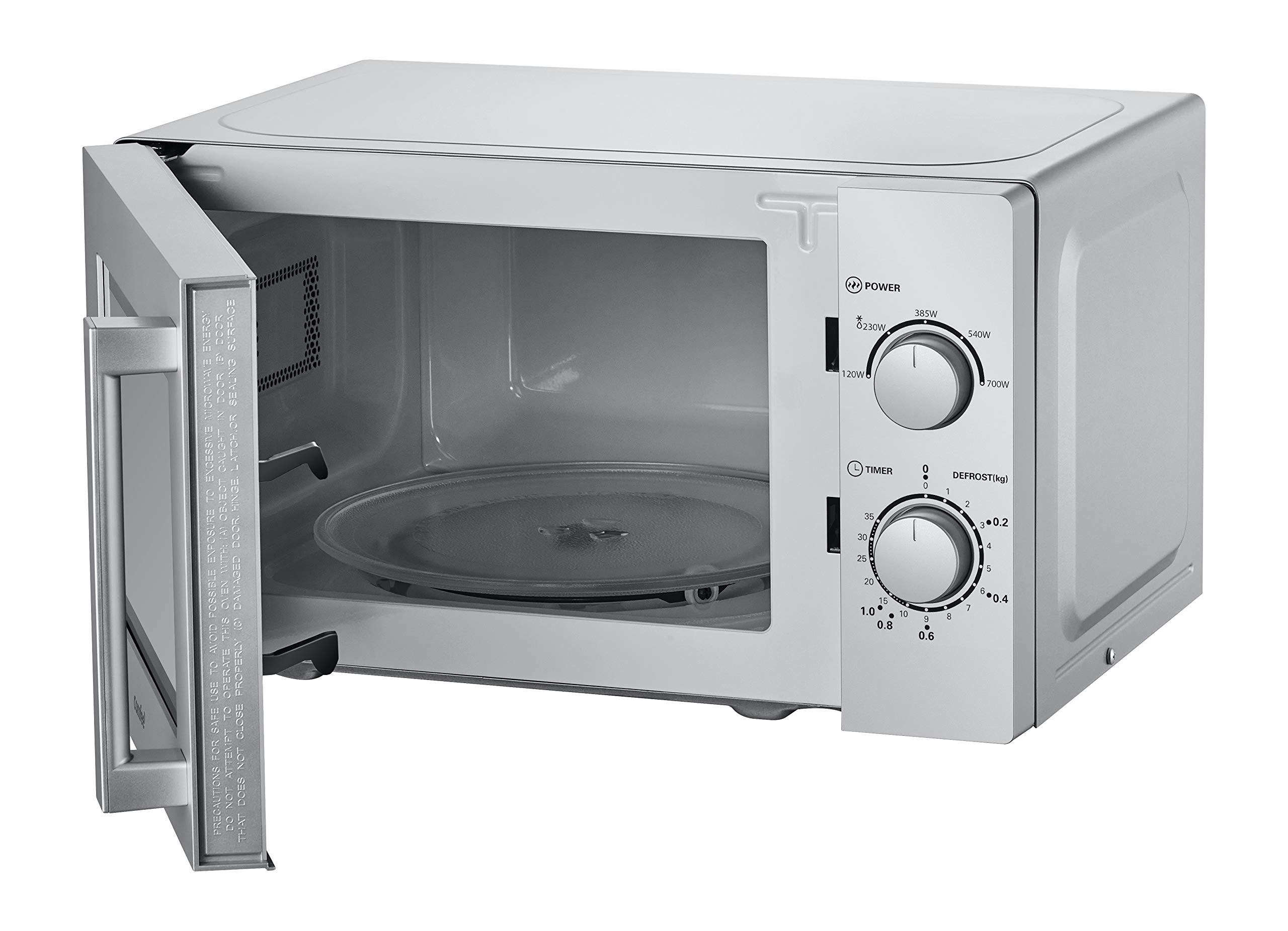 Comfee CMSN 20 si Mikrowelle/Solo-Mikrowelle mit 5 Leistungsstufen/Innenbeleuchtung/easy Defrost/360°Drehteller/Zwei Drehregler/20L/700W/ Silber