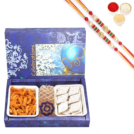 Ghasitaram Gifts Rakhi Gifts for Brothers Rakhi Sweets - Kaju Katli,SOYA Sticks and Almonds Pouch Hamper with 2 Pearl Beads Rakhis