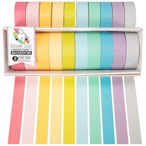 Bearly Art Washi - Juego de cinta  Mezcla de macarones  Cinta decorativa de 10 colores pastel para manualidades de bricolaje  Rollos extra largos