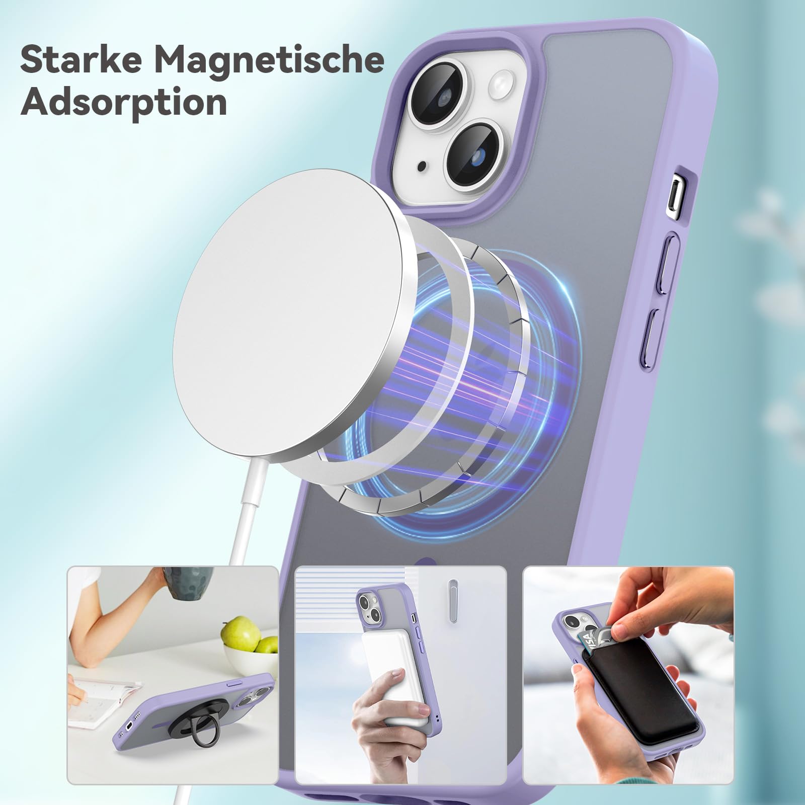 Natiiozie Magnetica Cover per iPhone 13/iPhone 14 Compatibile con MagSafe Custodia Traslucida Opaca Posteriore, Antiurto Anti-impronta Resistente ai Graffi Protettiva Case viola chiaro