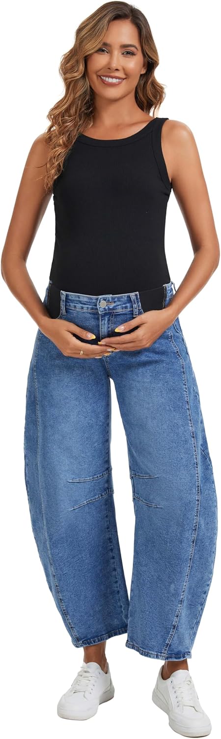 OVRUNS Women’s Maternity Baggy Jeans Stretch Barrel Jeans Side Panel Loose Pregnancy Denim Pants with Pockets
