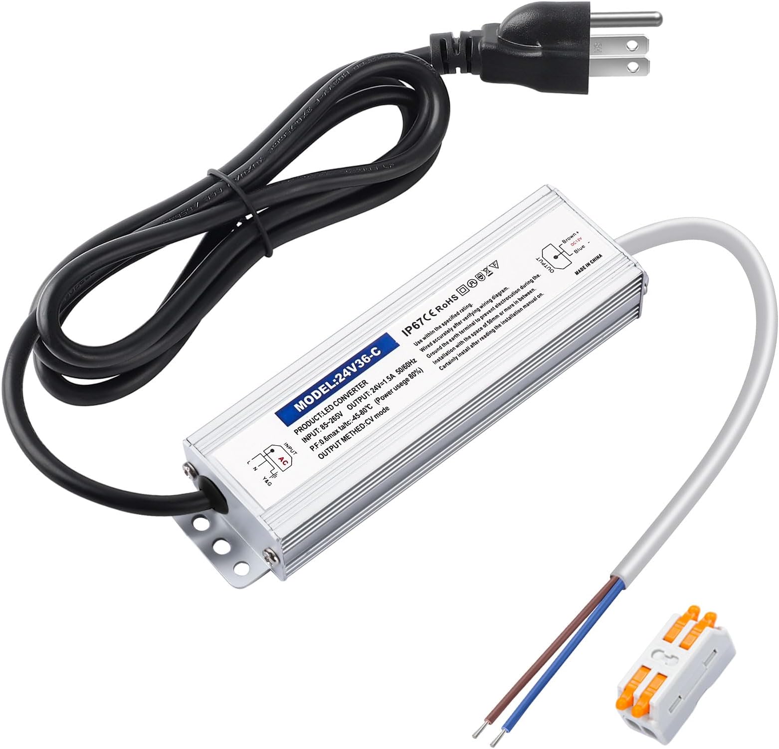 Waterproof IP67 24v Power Supply 36W 1.5A, LED Driver 120V AC to 24V DC Converter, with 3-Prong Plug and 4.9 Feet Cable - Ideal Power Supply for LED Strips and Lights