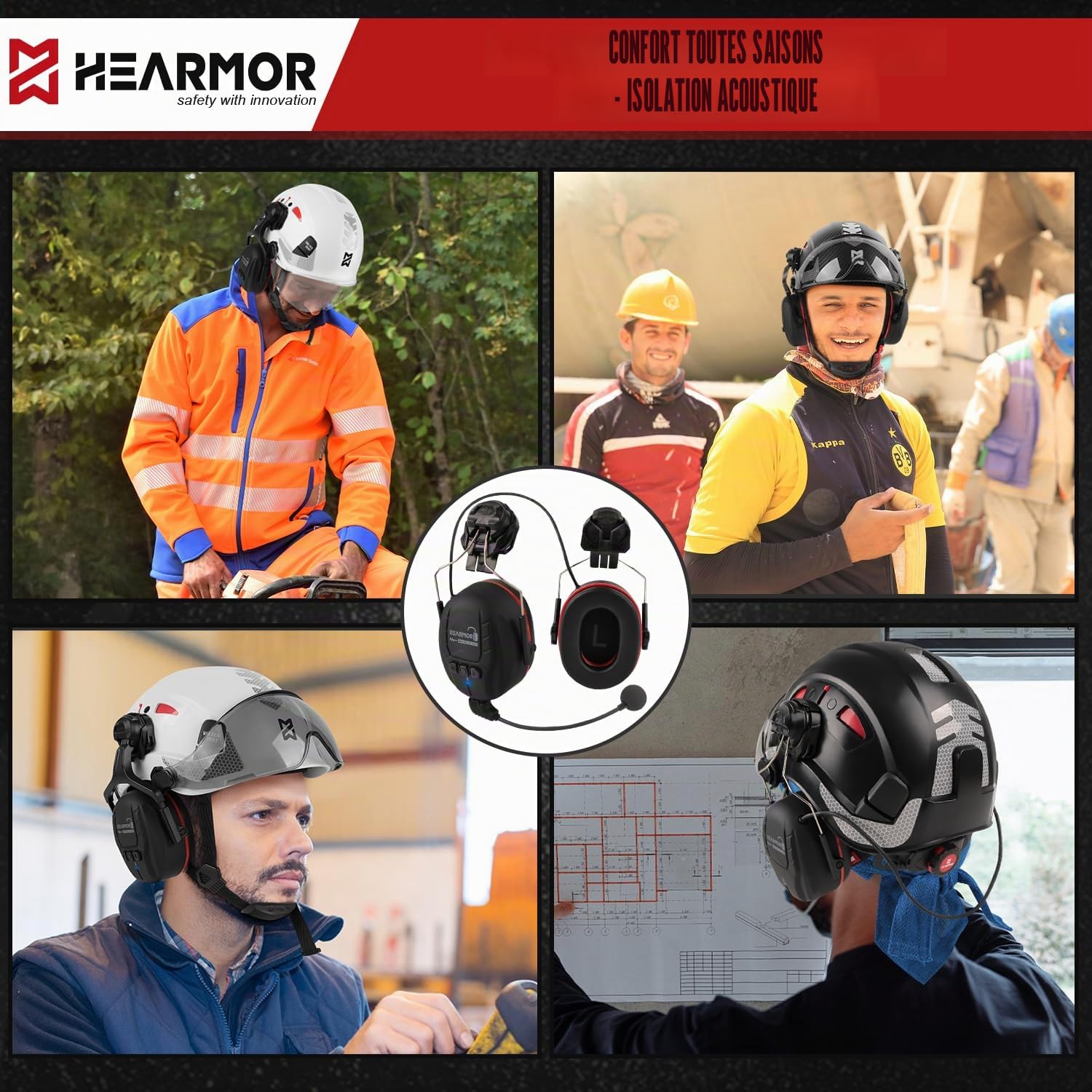 HEARMOR Protection auditive Bluetooth rigide, protection contre le bruit SNR 32 dB, protection auditive fixée au casque pour les travaux de tonte et les travaux à forte intensité sonore