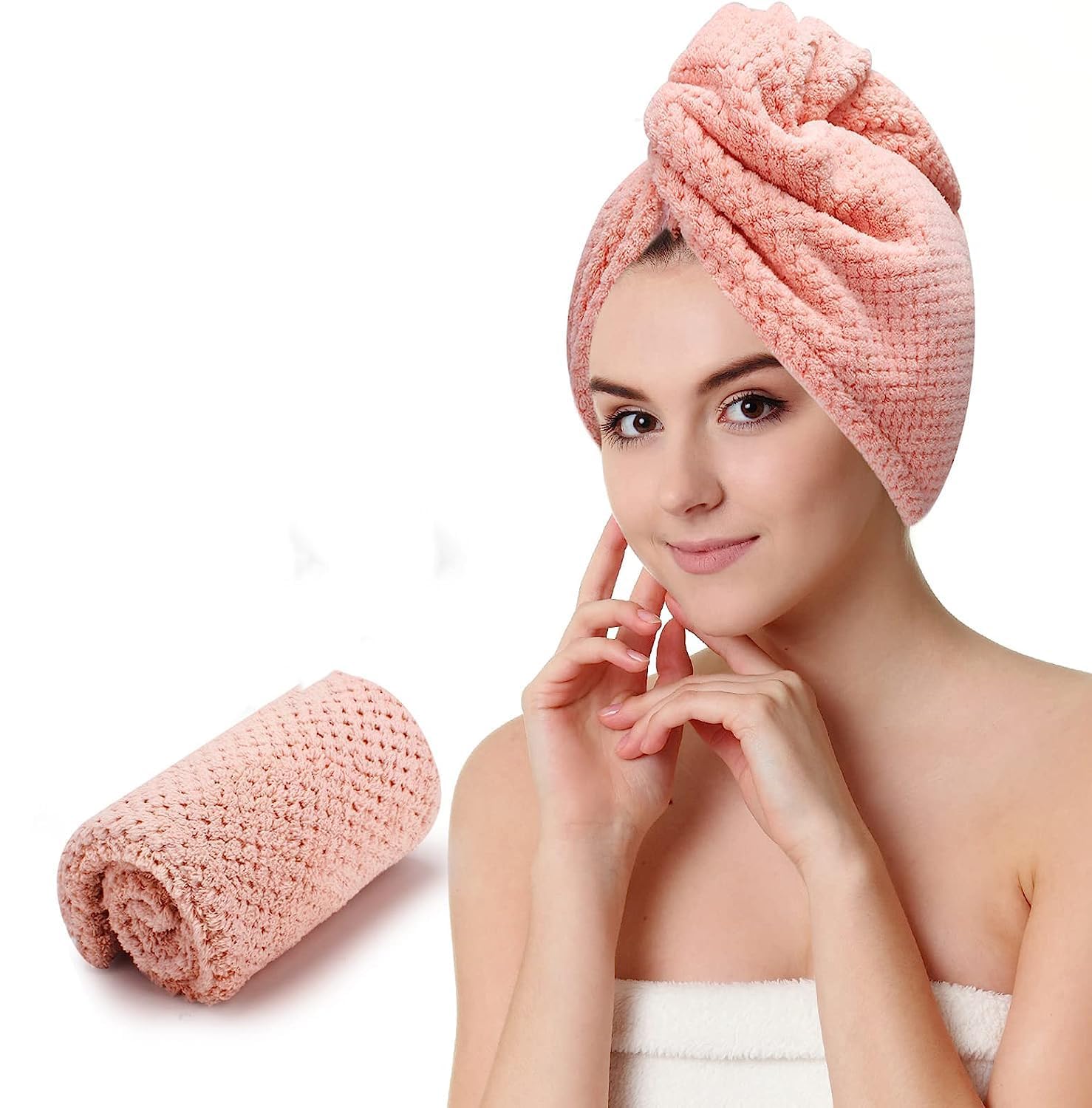 Microfiber Hair Towel Warp Absorbent Hair Drying Head Turban, Super Bathrobe Towel Cap Salon Magic Quick Dry Shower with Button for Women